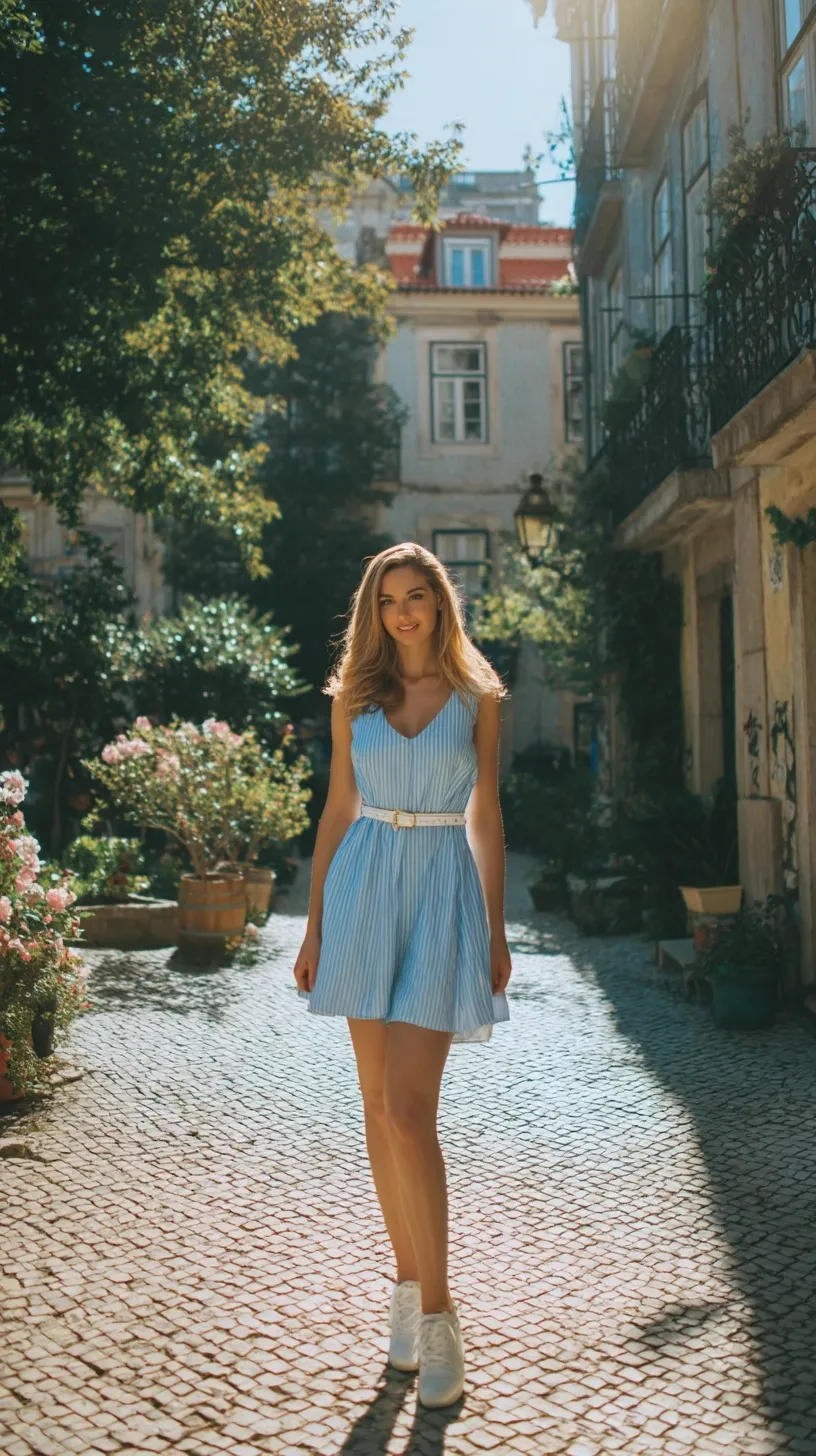 A smiling woman with wavy hair in a light blue summer dress walking on a sunny, classic European street.