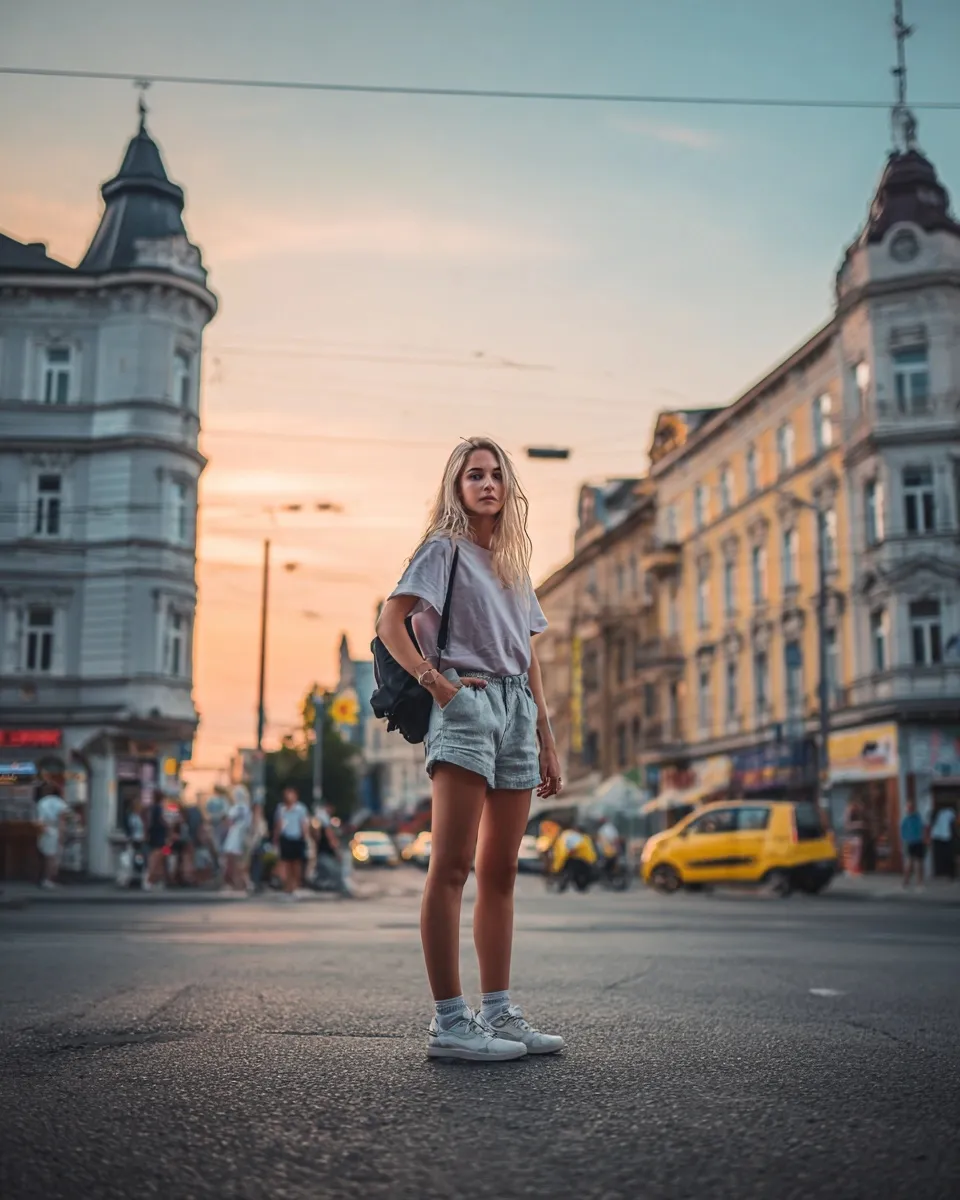 A young woman in a stylish summer walking outfit standing on a cobblestone street in Ostrava, Czech Republic.