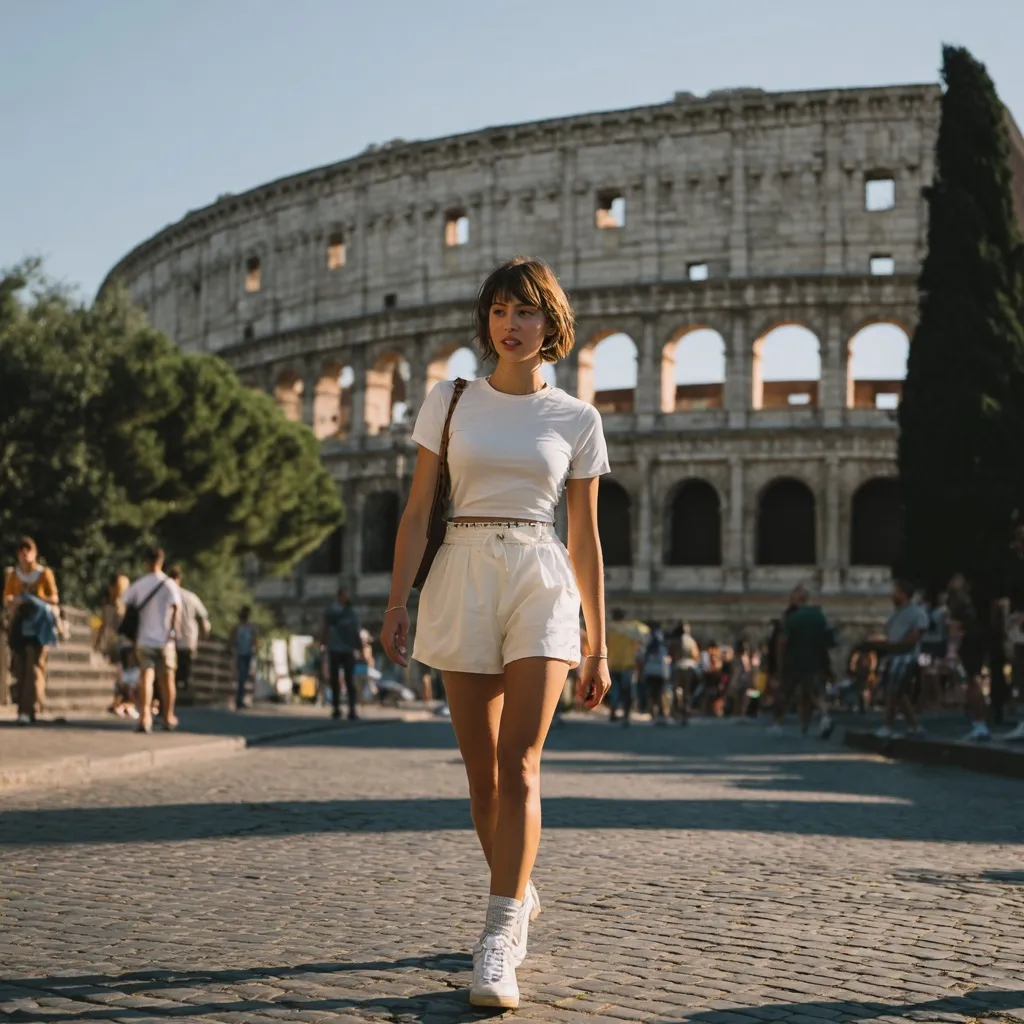 A woman in a casual white summer outfit walking in front of the Colosseum in Rome, Italy.