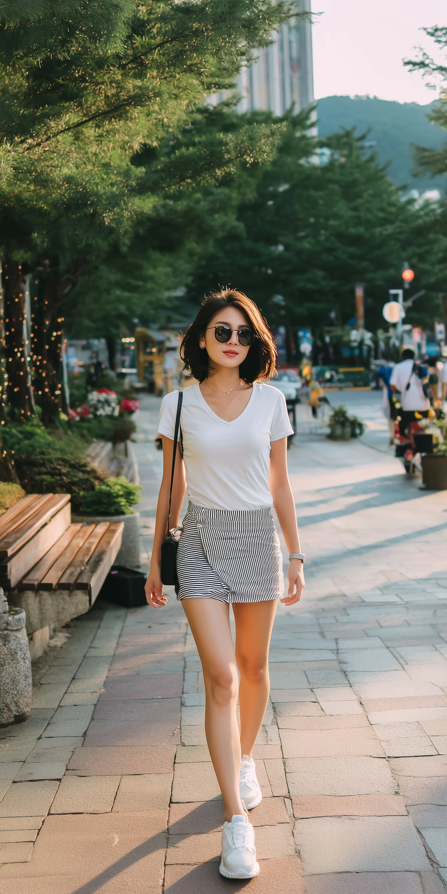 Beautiful Korean woman in casual summer outfit walking in a sunny European city park with trees and wooden benches.