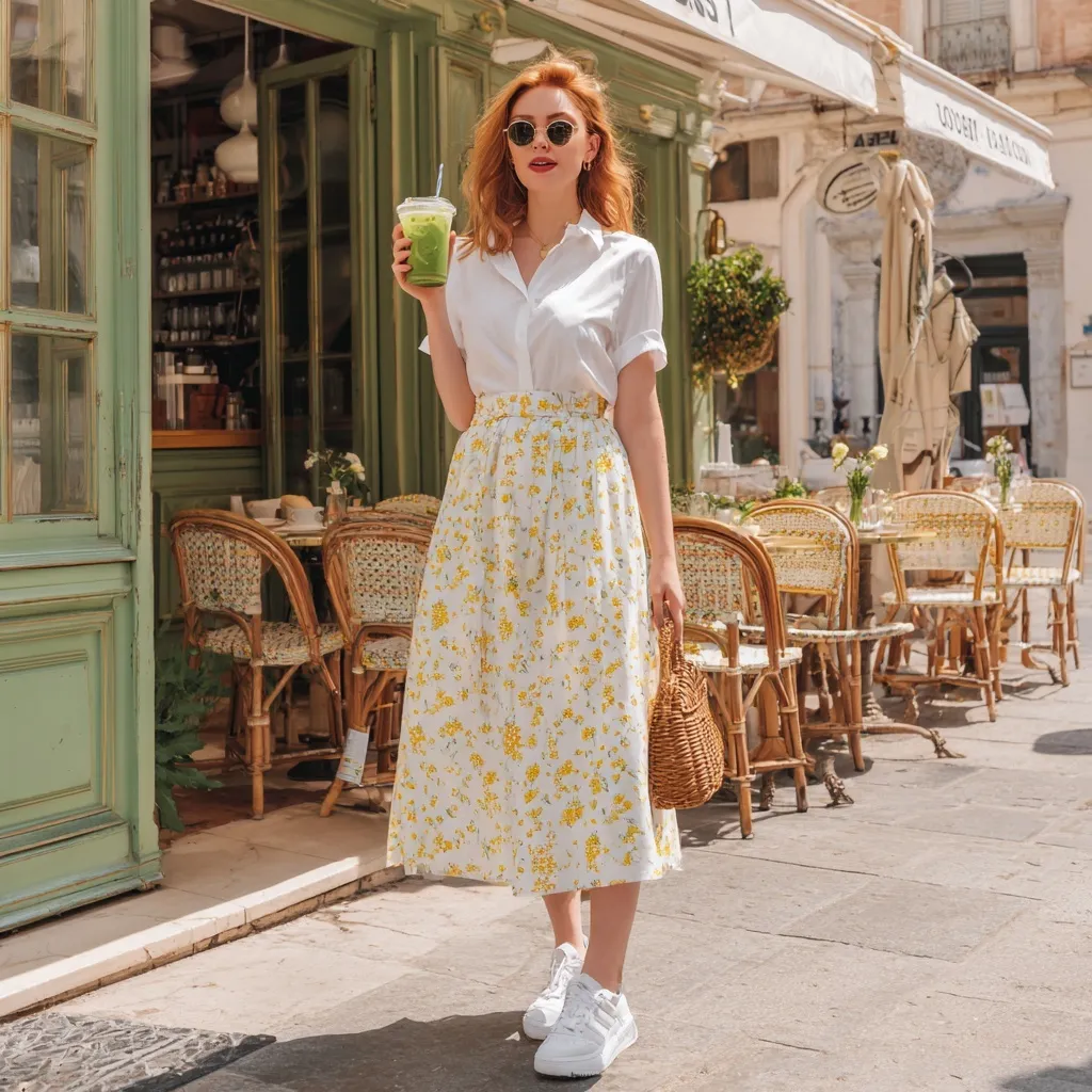 Cheerful woman in a floral midi skirt and white shirt holding an iced drink outside a cozy European cafe.