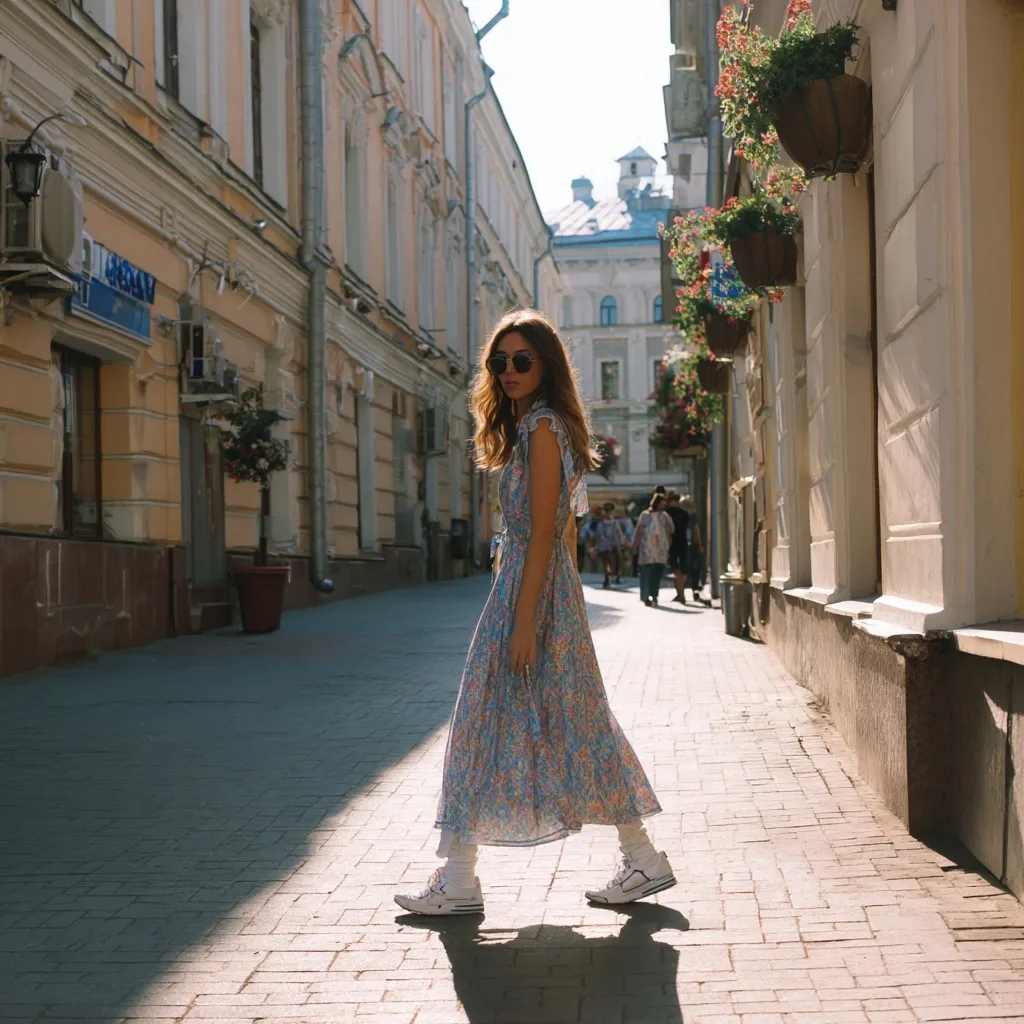 A girl in a summer dress and sneakers walking along a sunny street in Moscow, Europe.