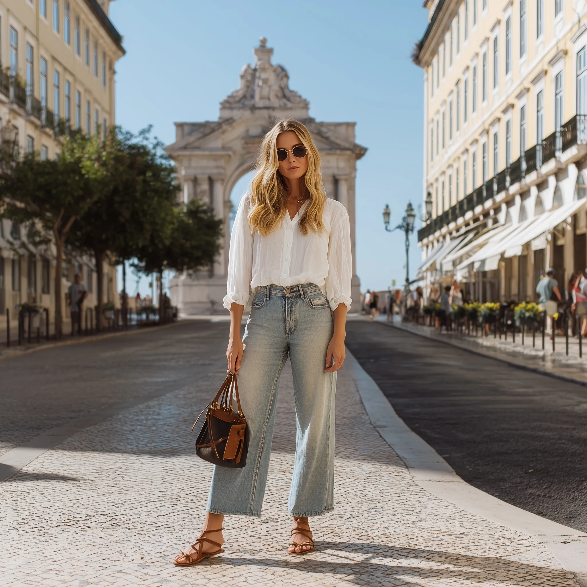 Stylish woman in wide-leg jeans, white blouse, and sandals carrying a designer bag on a street in Portugal.