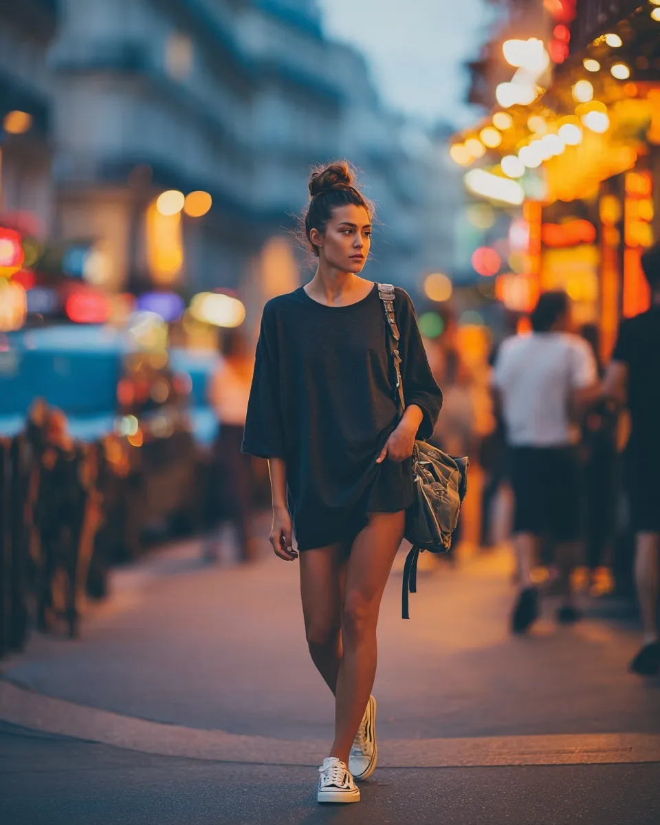 A stylish French woman in an oversized t-shirt and Vans walking confidently down a blurred European city street.