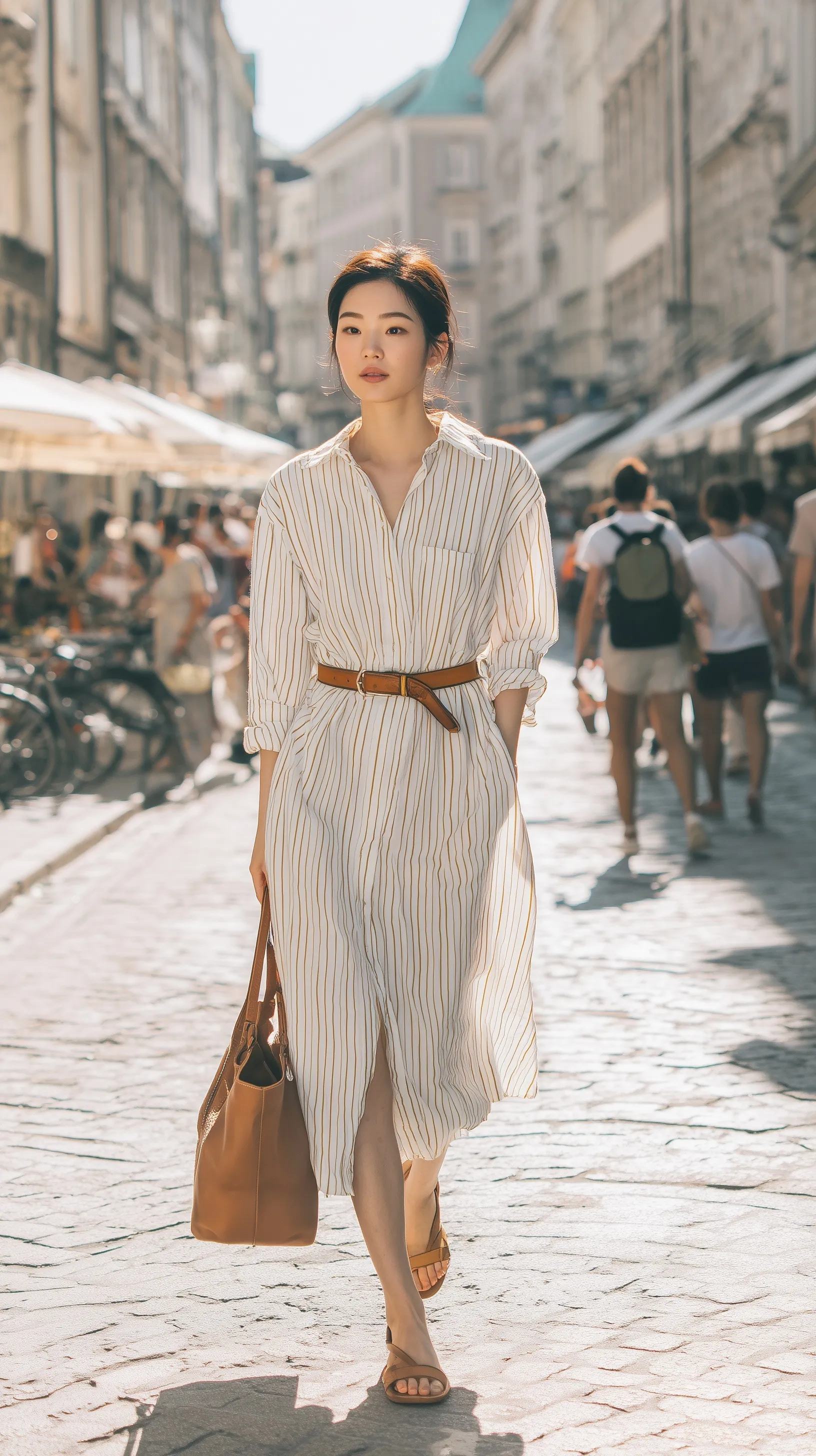 A young woman in a striped shirt dress and sandals walking on a sunny European cobblestone street.