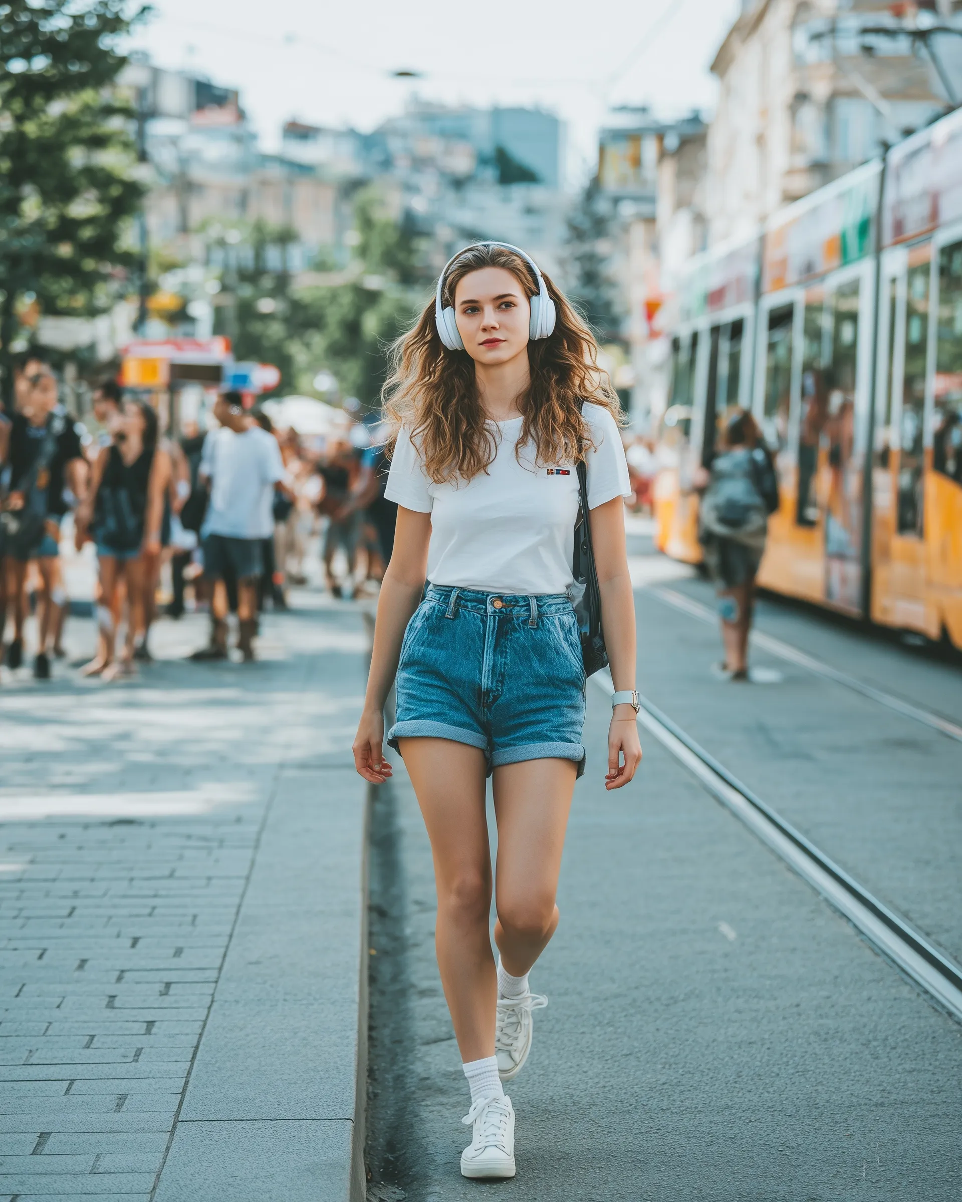 A stylish young woman wearing a casual summer outfit and headphones walking through a busy European city street.