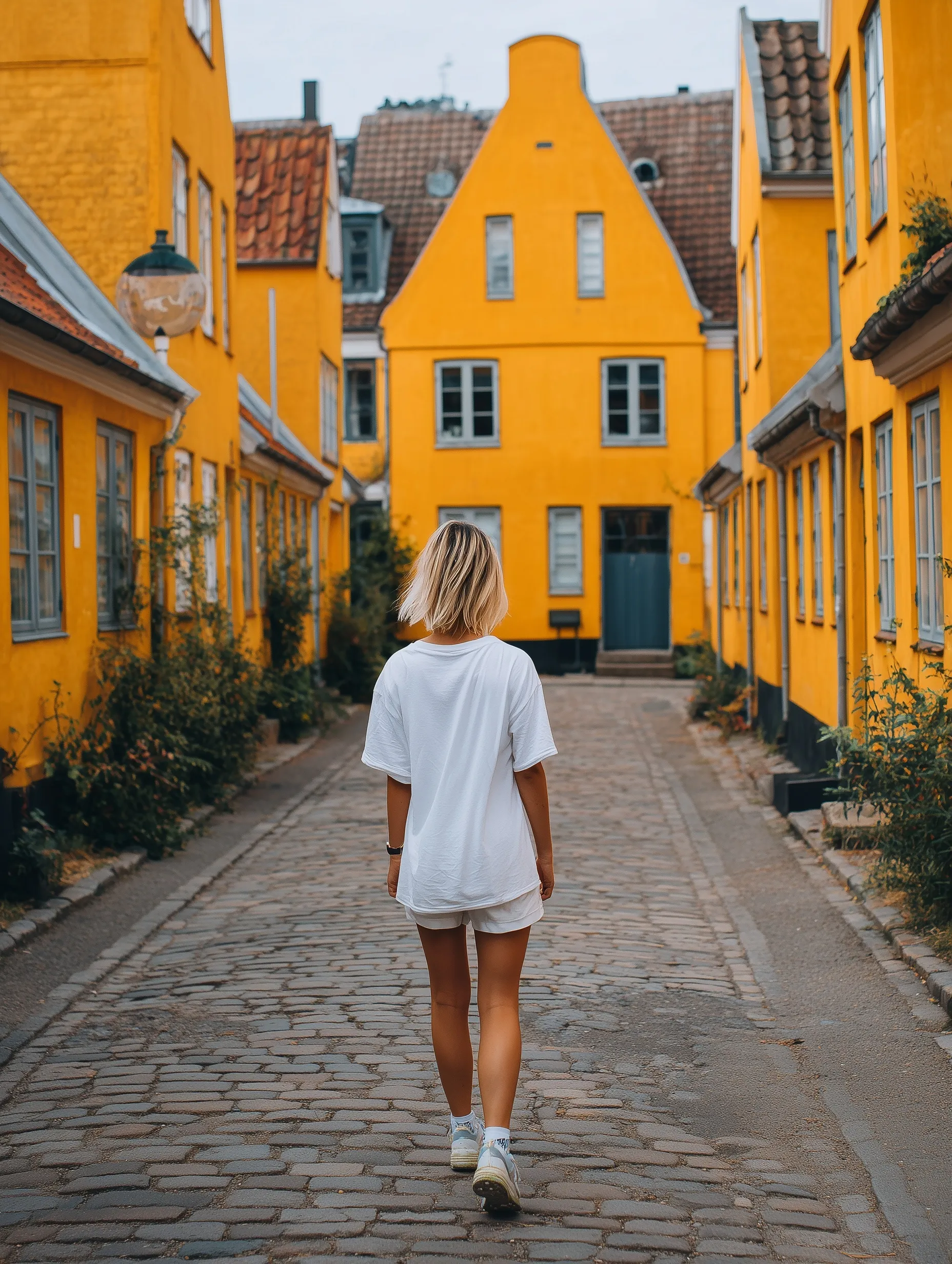 Blonde girl in a white t-shirt and sneakers walking down a historic yellow street in Nyboder, Copenhagen.