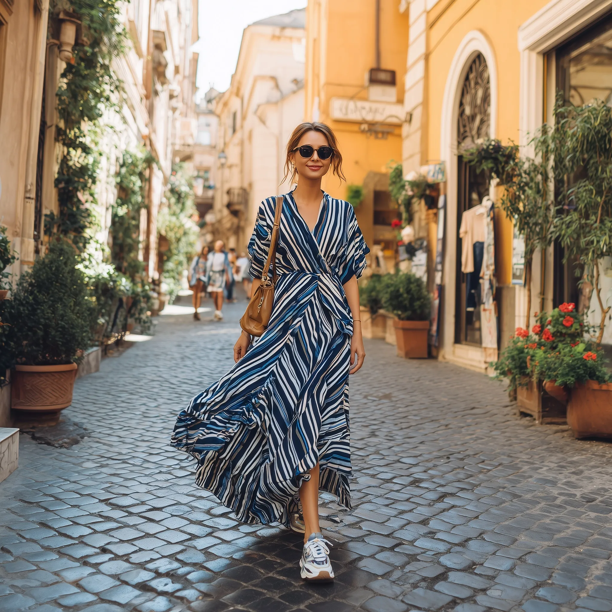 Fashionable woman in striped maxi dress and dad sneakers walking on a charming European cobblestone city street.