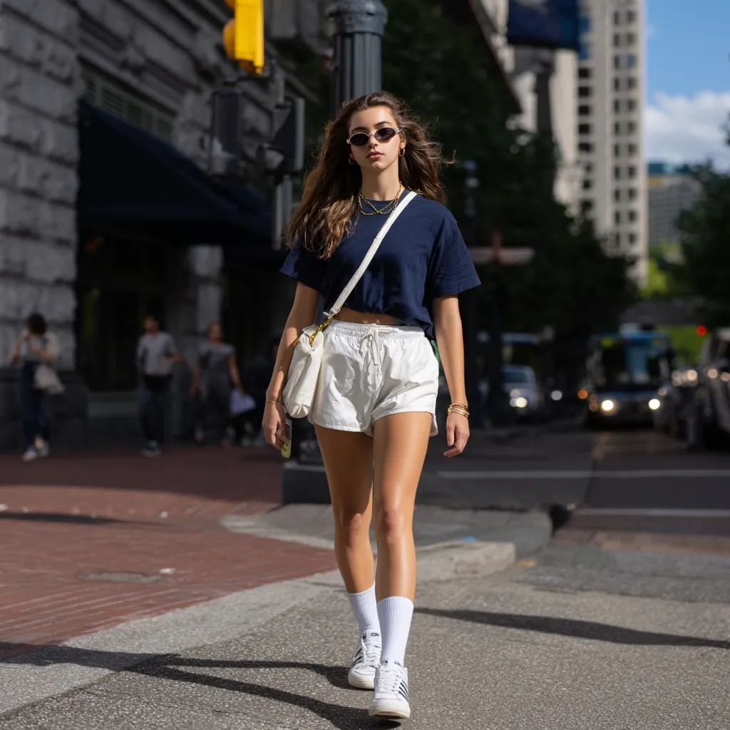Young woman in casual European summer walking outfit with navy t-shirt, white shorts, and sneakers on a city street.