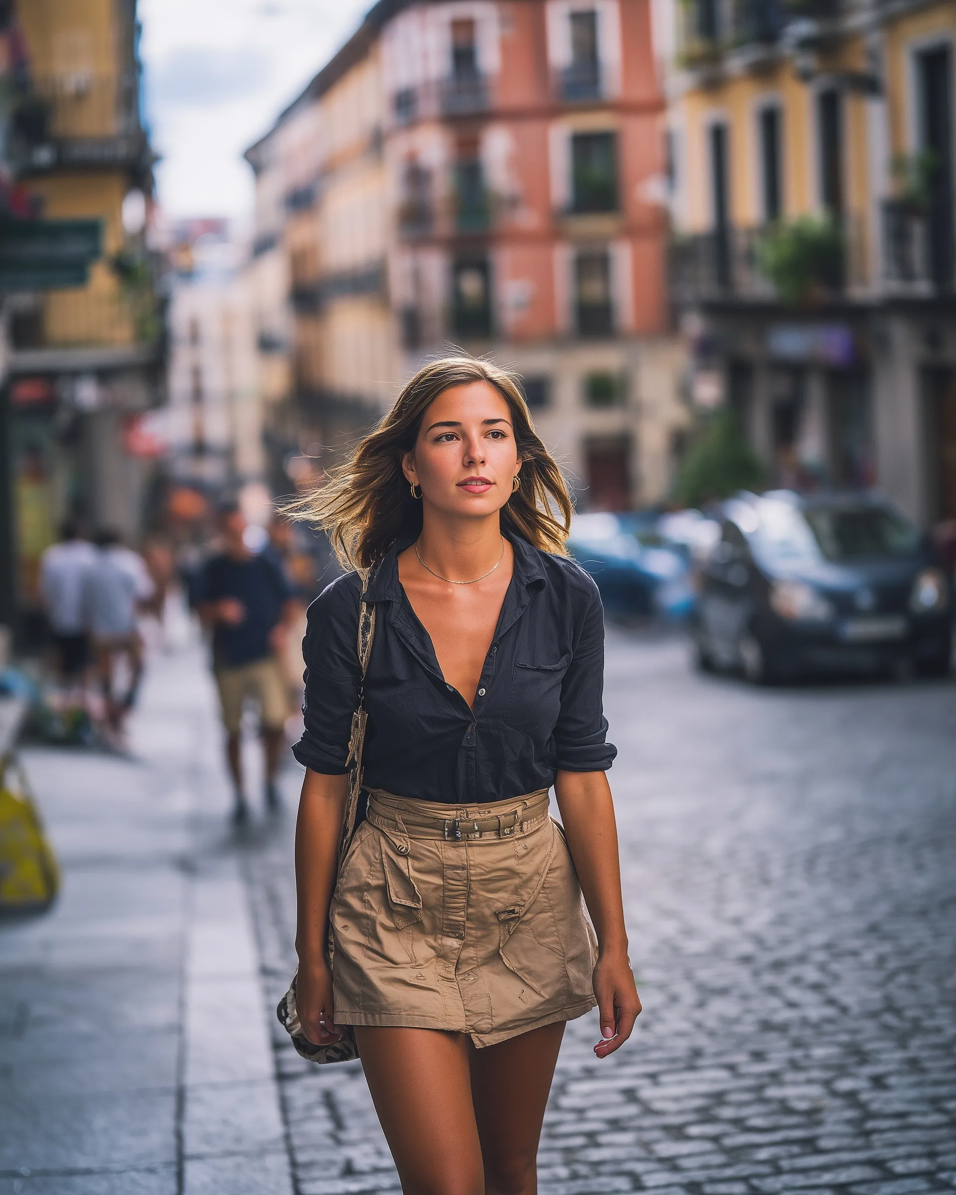 A stylish woman walking on a historic cobblestone street in Madrid, wearing casual European fashion.