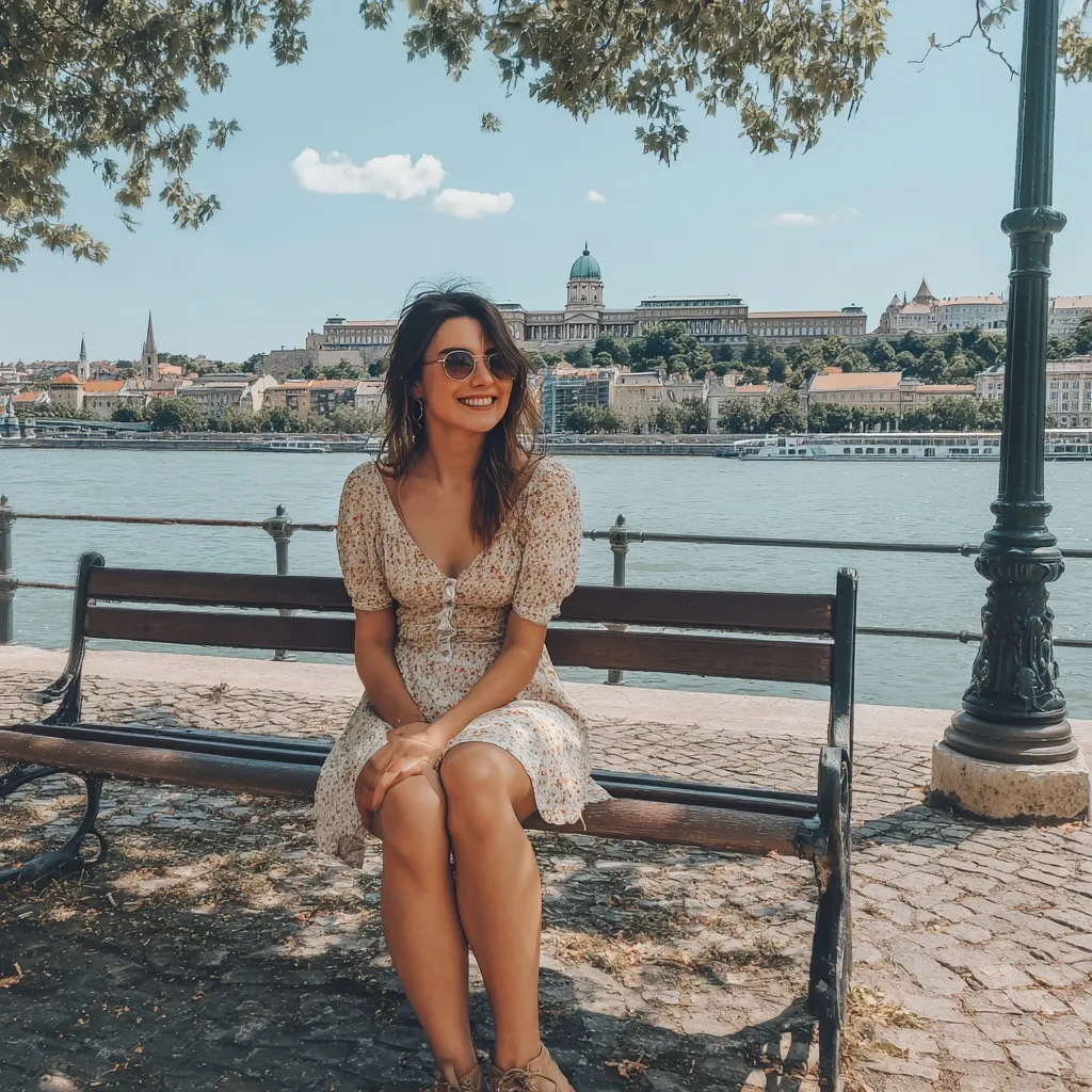 Brunette girl in stylish walking outfit sitting on a bench by the Danube river in Budapest, enjoying a sunny day.