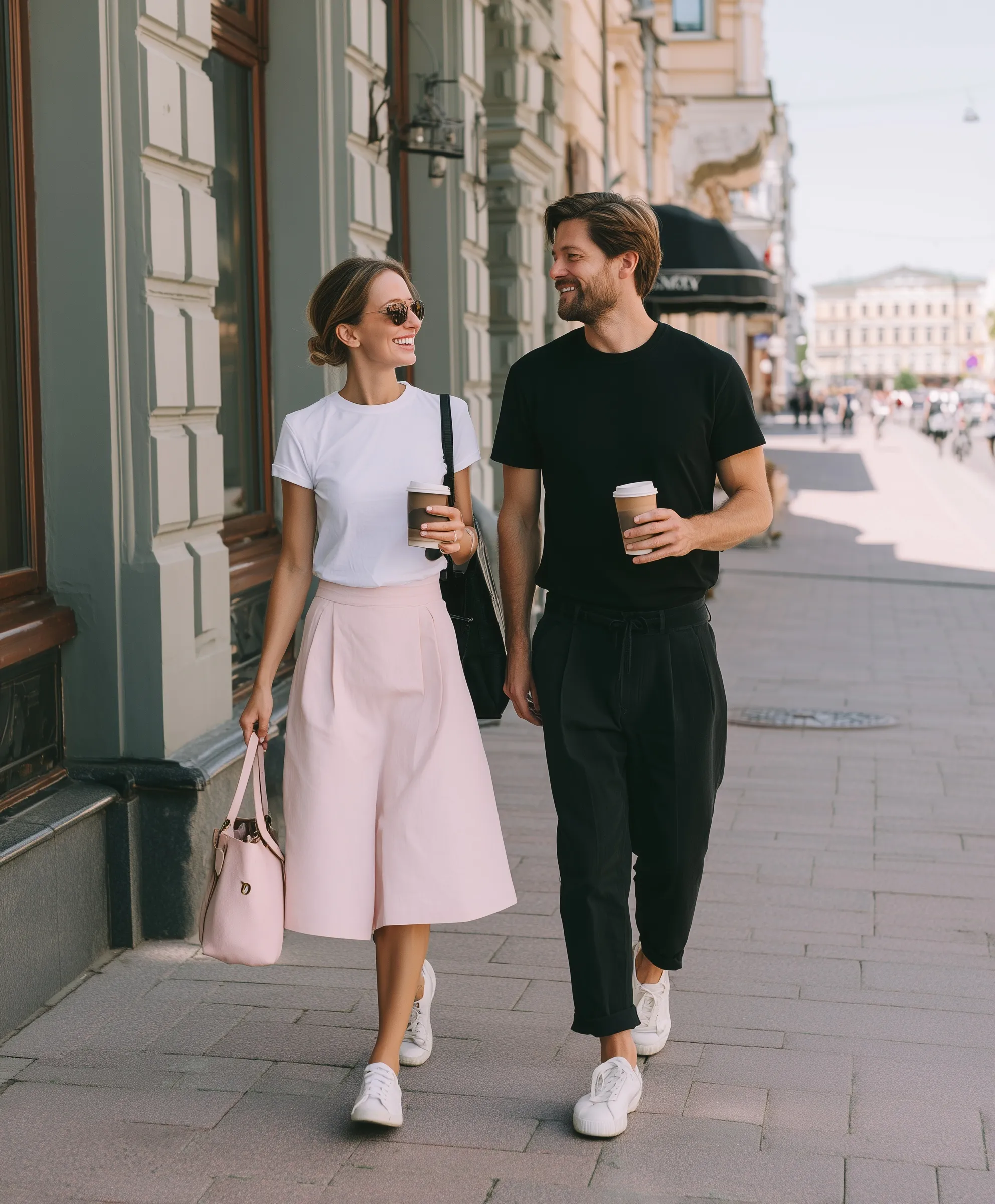 Romantic couple in casual cotton outfits enjoying coffee together while walking through a European city.