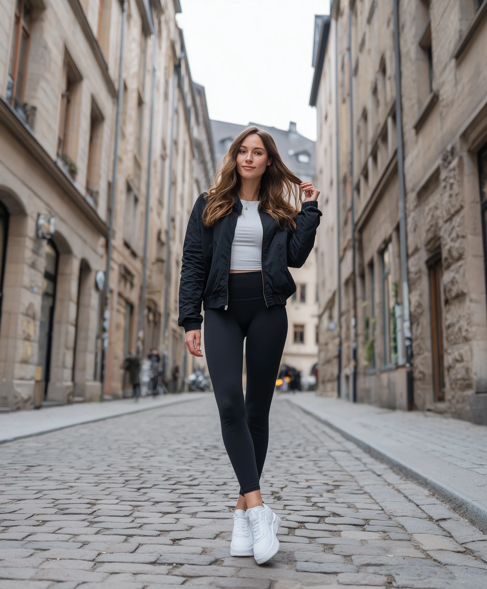 A young woman in a black athletic outfit walking on a historic cobblestone street in Hamburg, Germany.