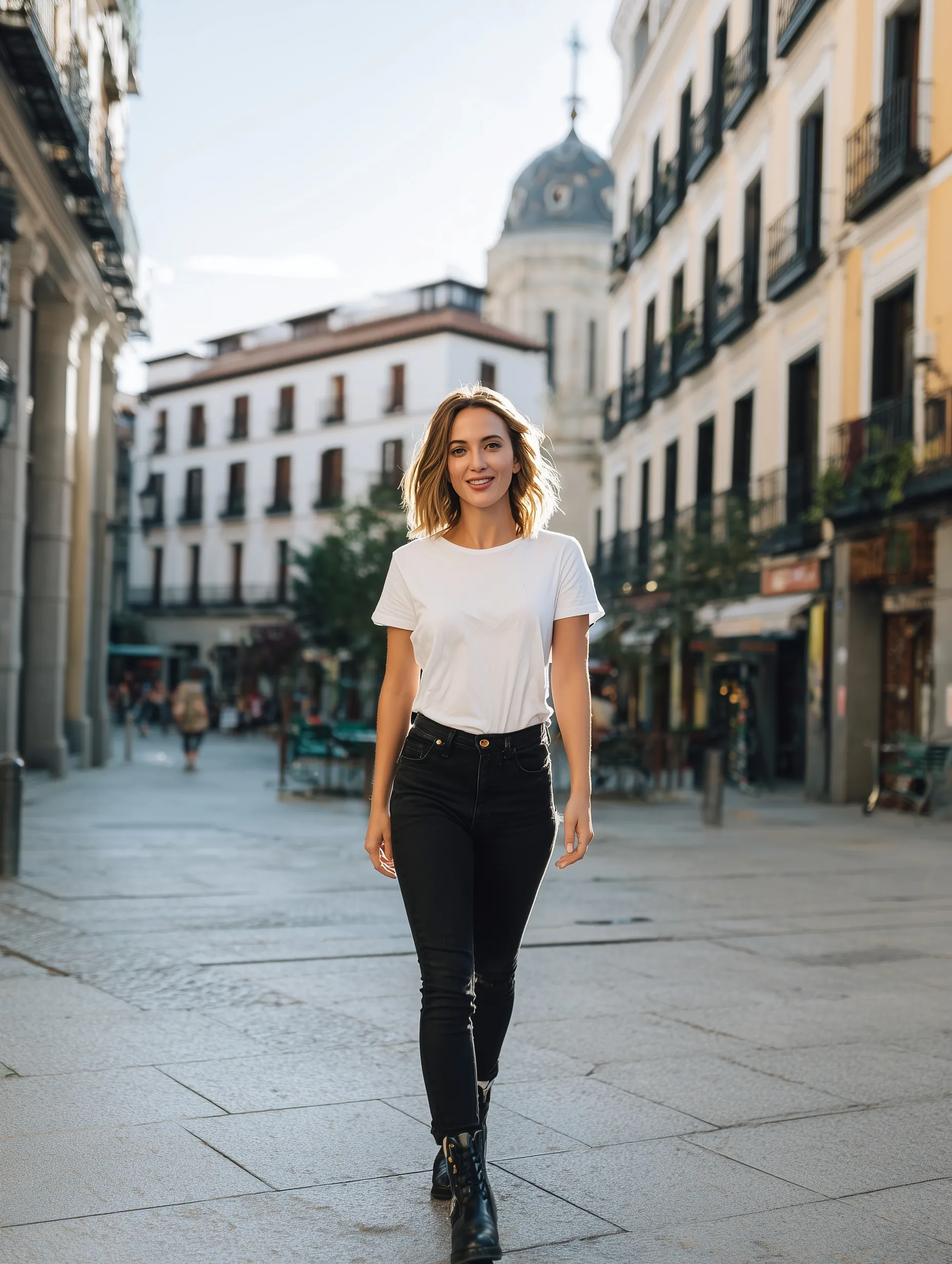 A woman in her 30s wearing a white t-shirt and black jeans walking through a street in Madrid, Europe.