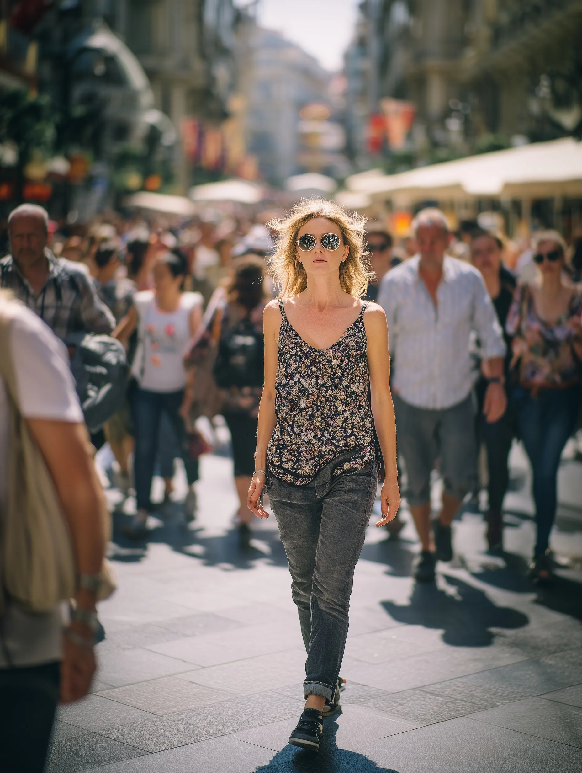 A friendly woman in casual walking clothes strolls through a scenic European street in a full-body outdoor shot.