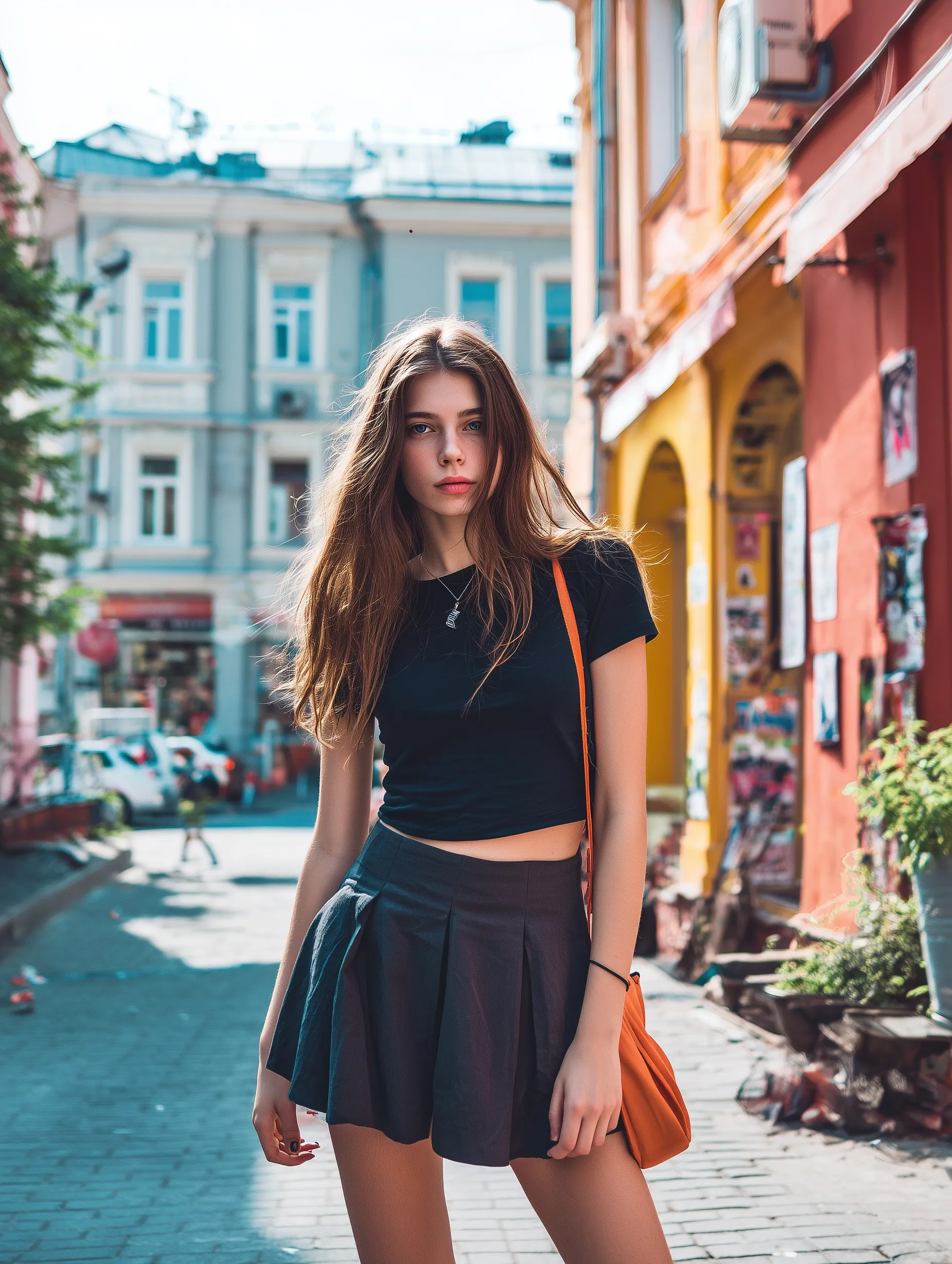 A stylish woman in a summer outfit walking on a European street, wearing a round-neck T-shirt and a short skirt.