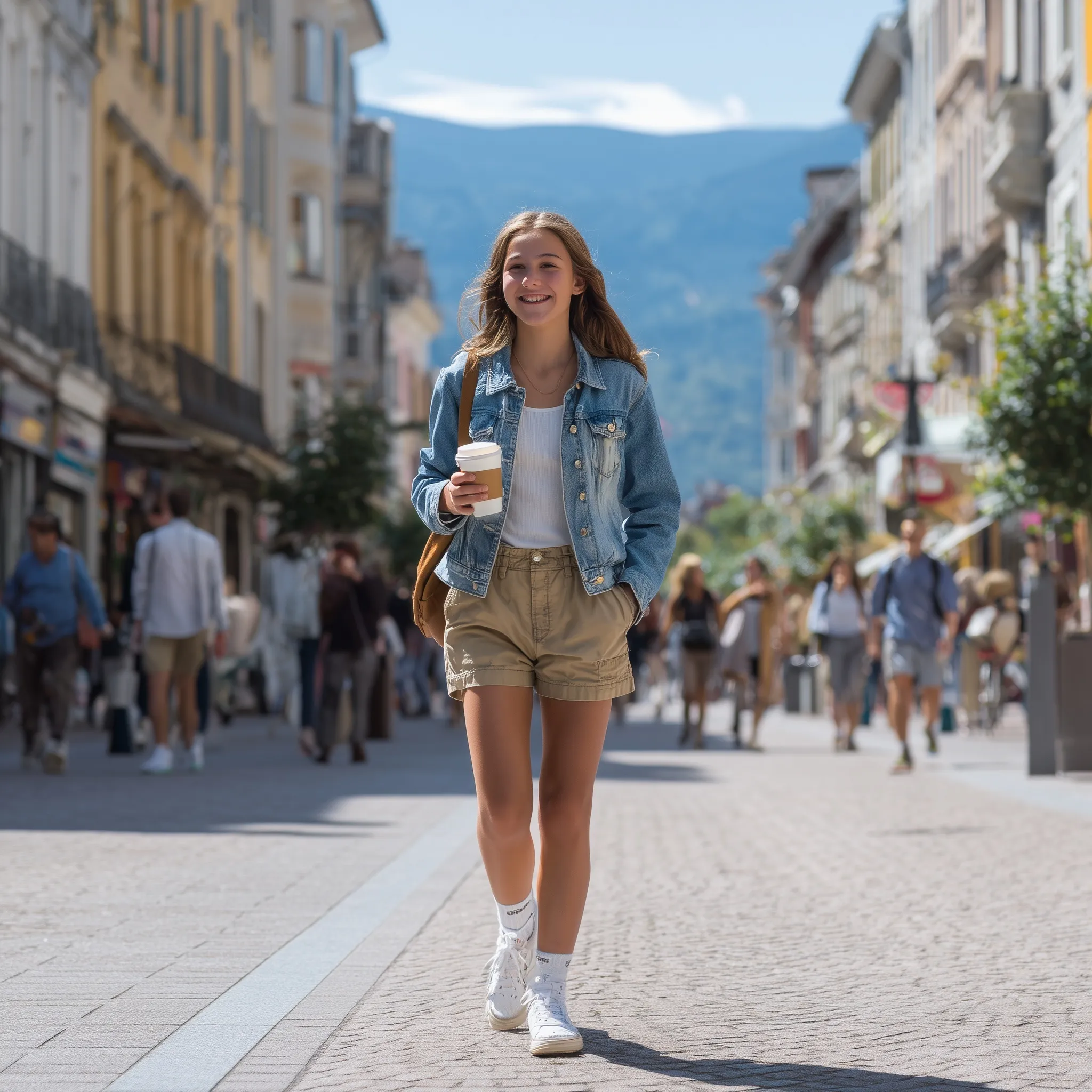 A 12-year-old girl in a stylish summer walking outfit strolling down a sunny, picturesque European street.