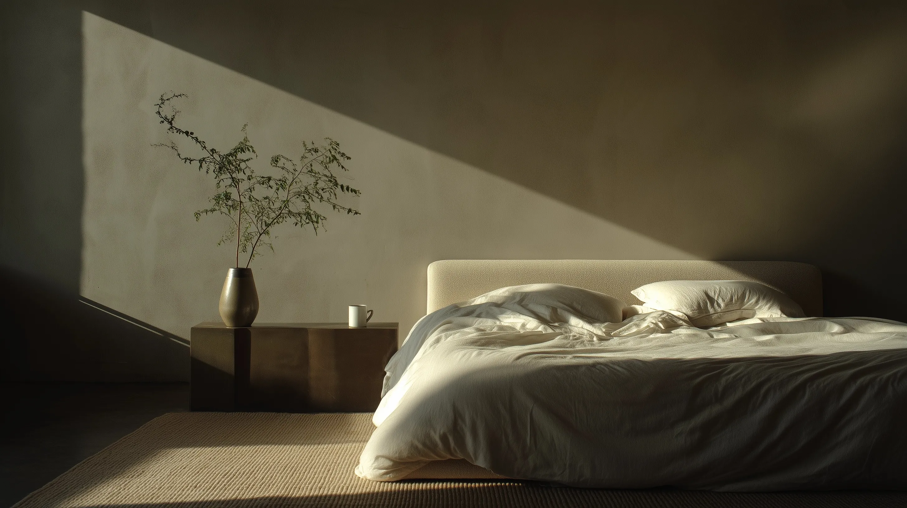 A warm minimalist bedroom featuring a boucle bed, textured rug, and soft morning sunlight on a taupe wall.