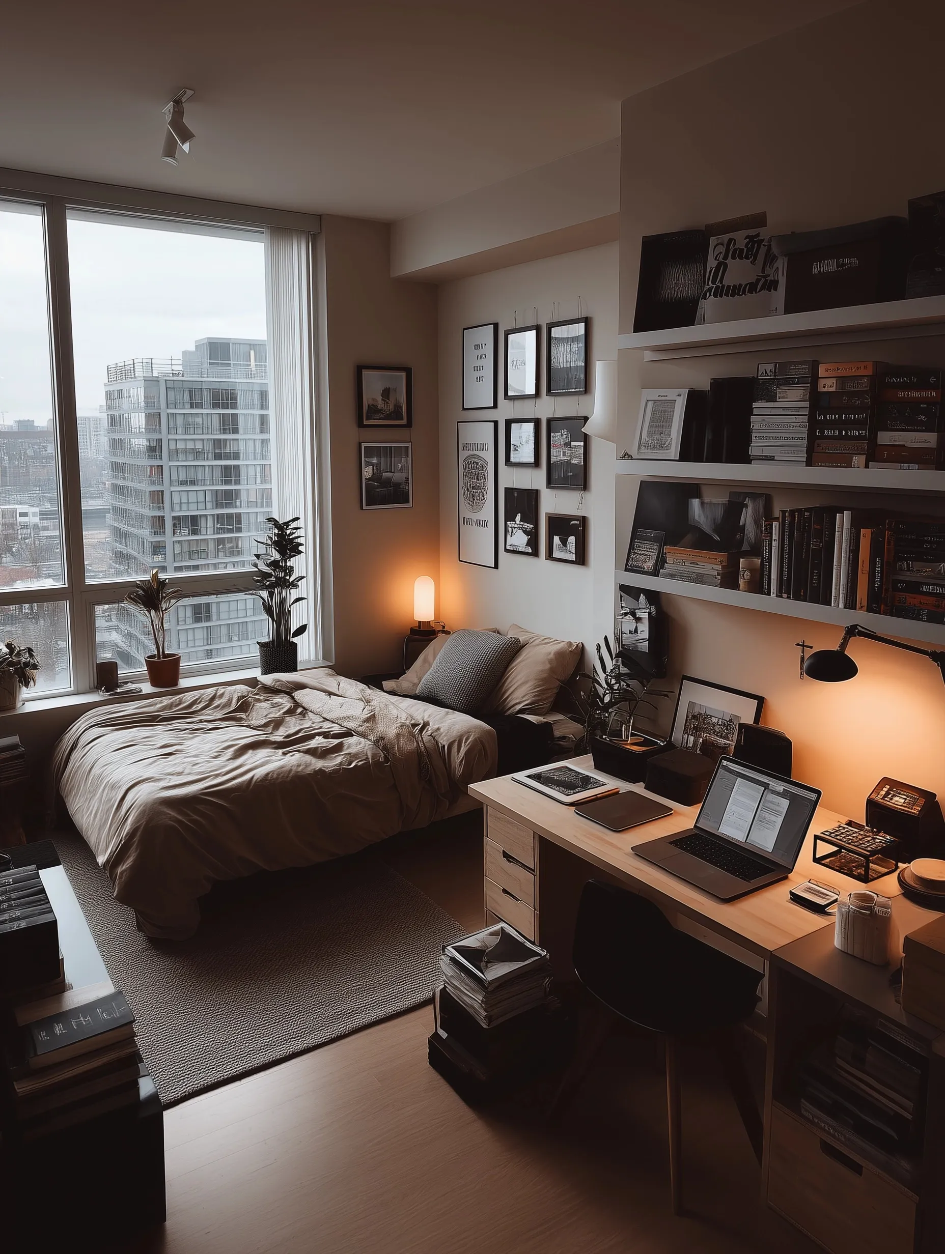 A modern, minimalist bedroom for a young accountant featuring a clean desk, neutral tones, and soft warm lighting.