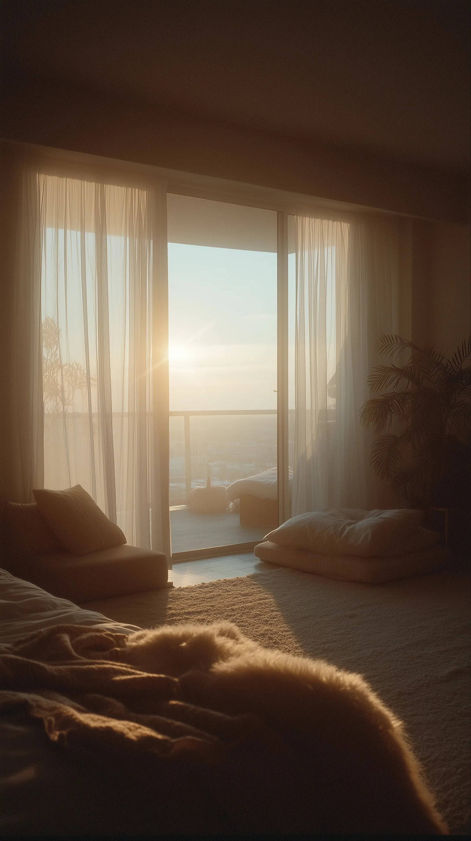 Sunlit minimalist bedroom with warm golden hour light and sheer curtains in a calm, modern, uncluttered interior.