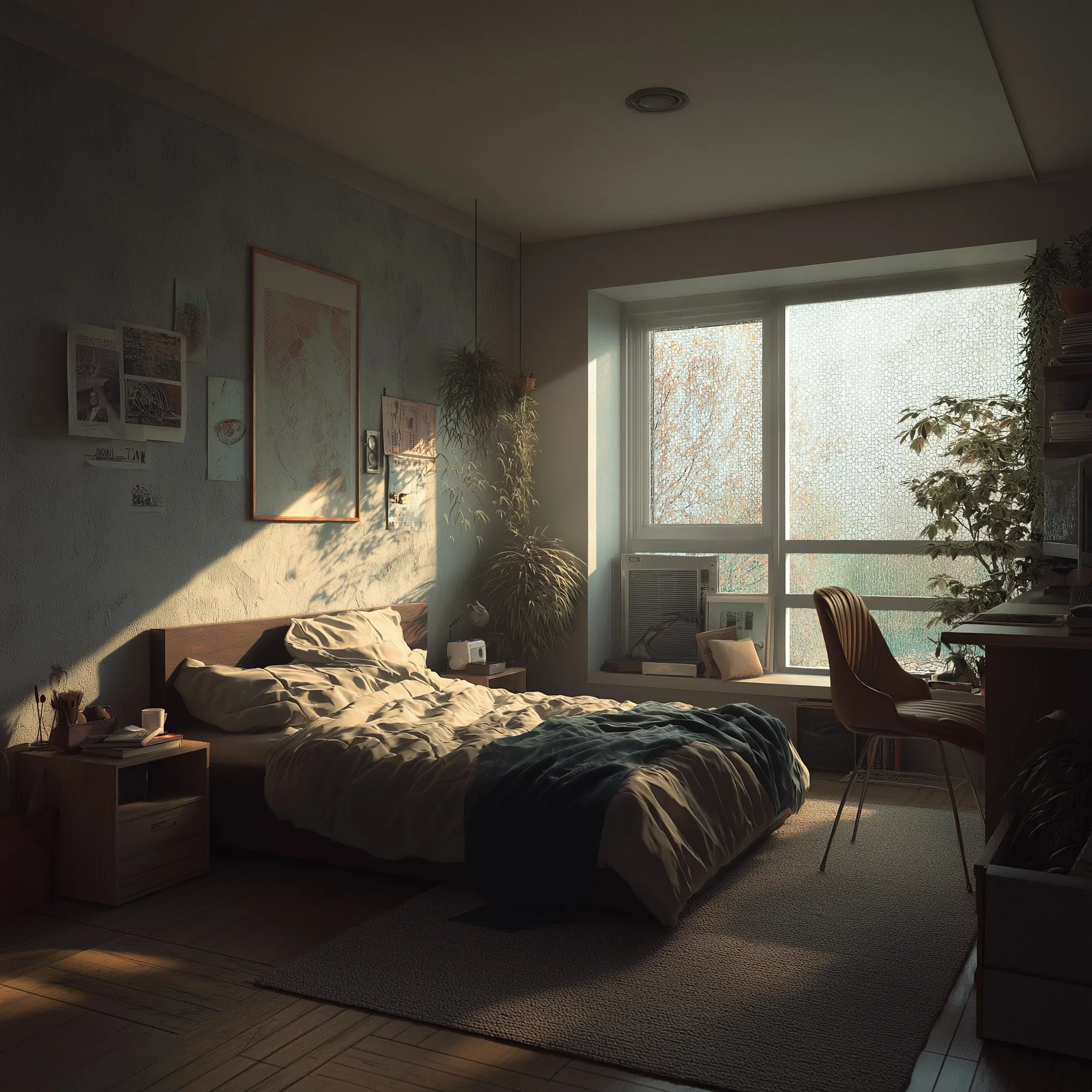 A cozy, warm minimalist bedroom featuring neutral tones, soft textures, and clean modern furniture design.