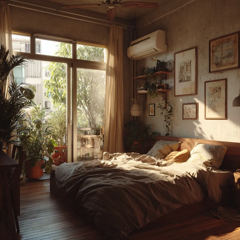 Sunny boho style bedroom in a Tel Aviv Airbnb with warm minimalist design and natural light.