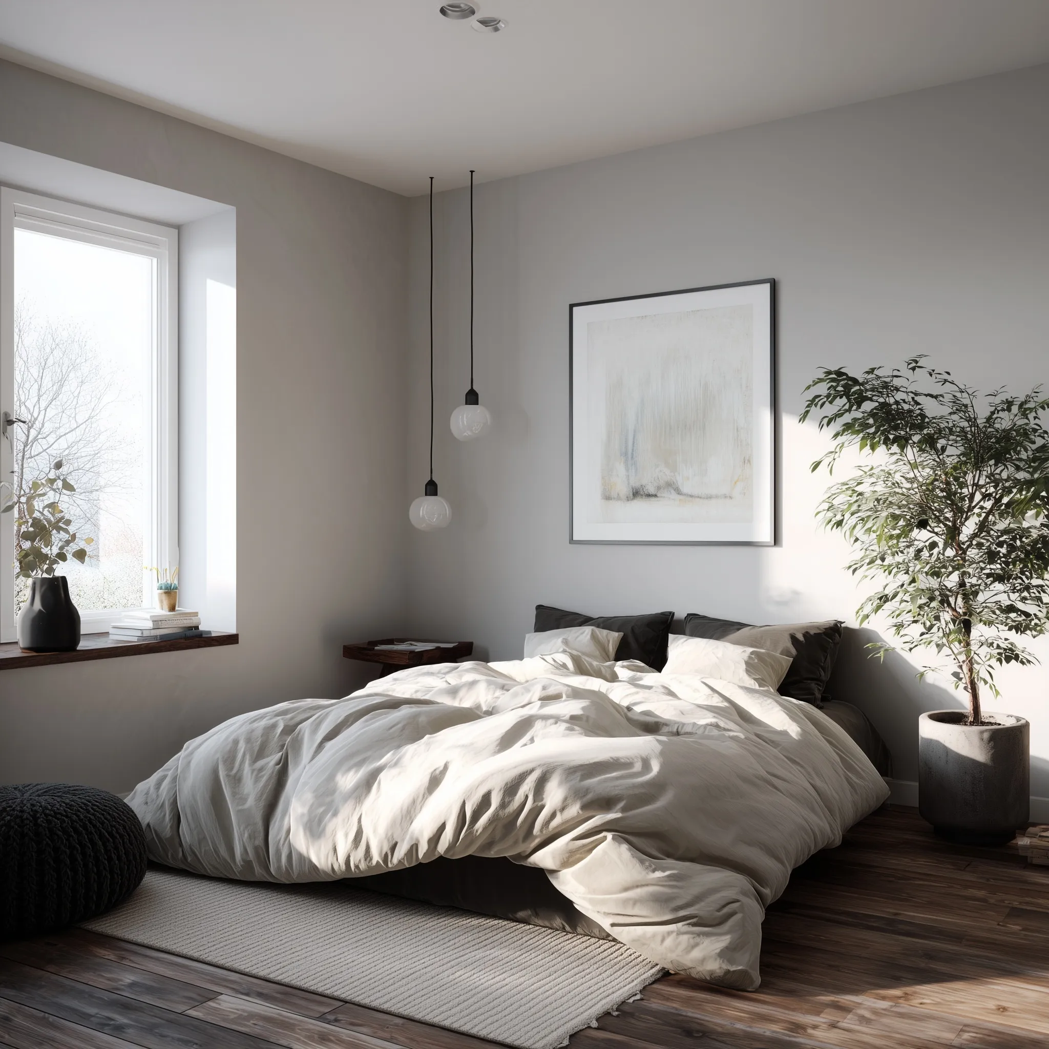 A bright, minimalist Scandinavian bedroom featuring a warm aesthetic with soft natural light and cozy textures.