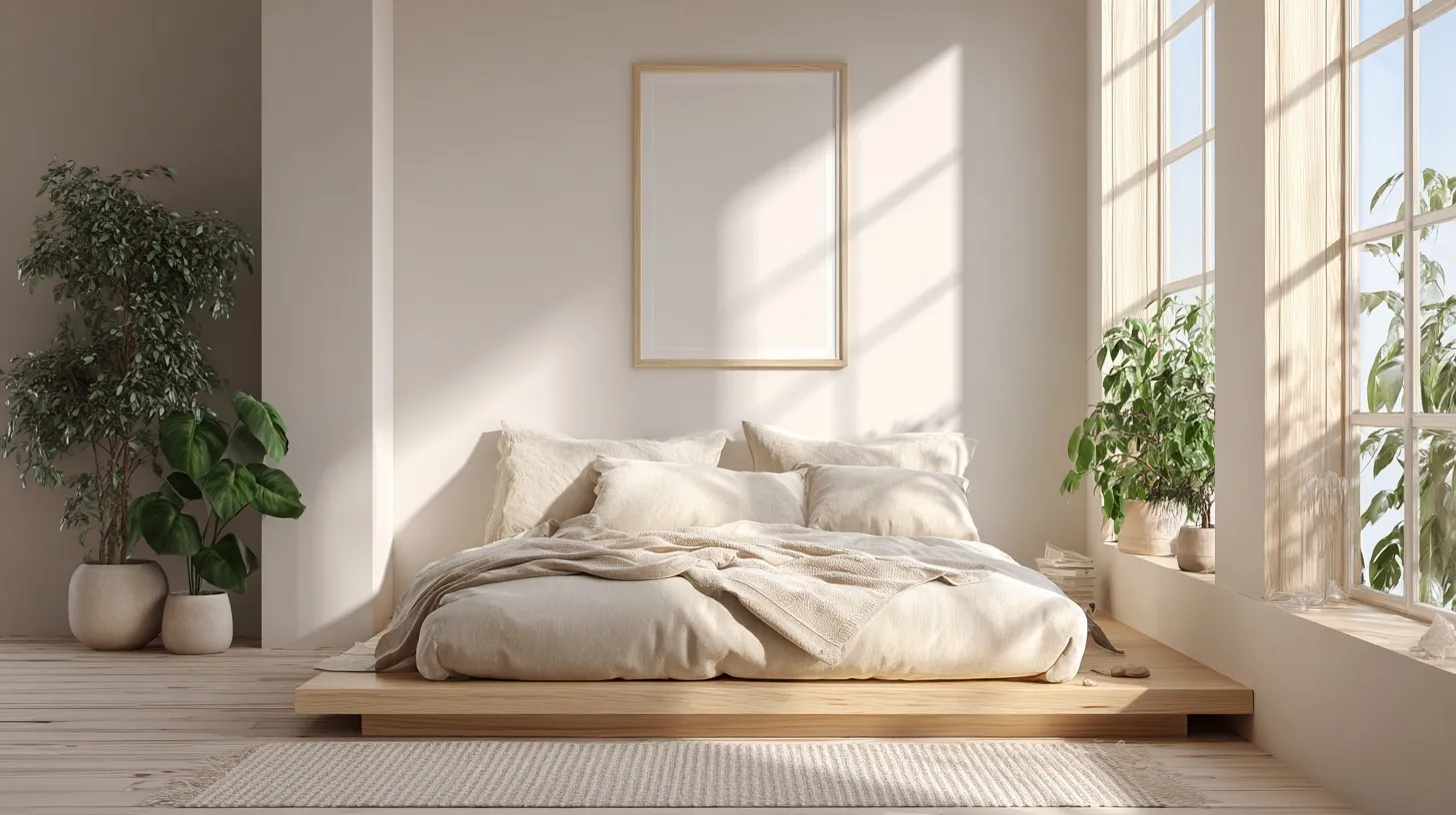 A serene Japandi bedroom with a wooden bed, beige linens, and a blank wall frame mockup in soft natural light.