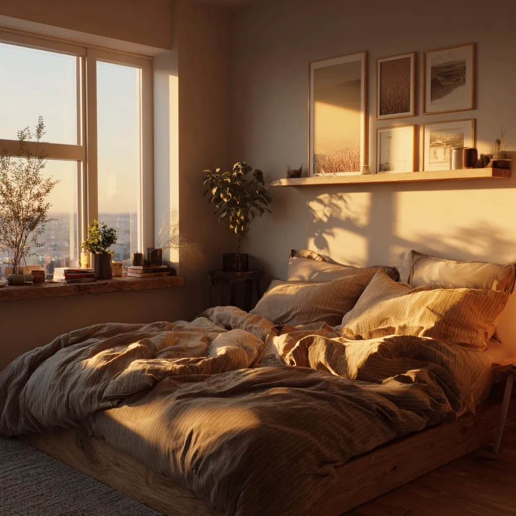 Warm minimalist bedroom bathed in soft sunrise light with an unmade bed, creating a cozy, relaxed morning atmosphere.