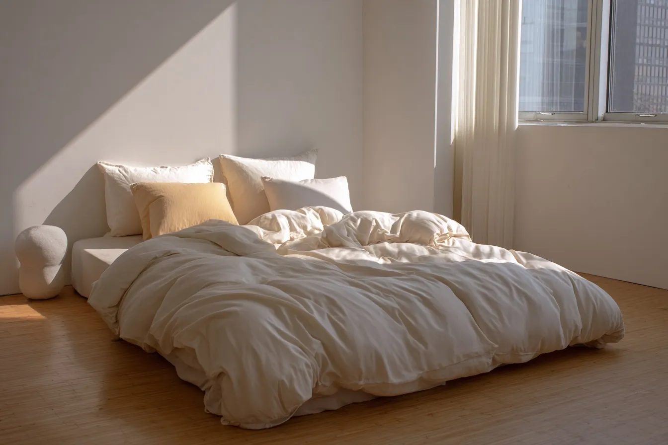 Warm minimalist bedroom featuring a mattress on the floor with silk bedsheets in a stylish, editorial setting.