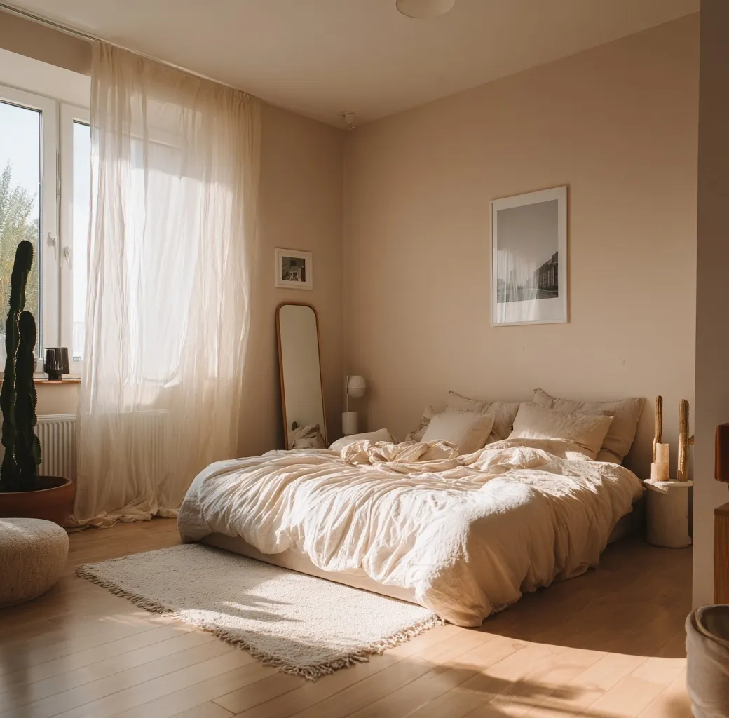 Minimalist bedroom with beige accent wall, wooden floors, sheer curtains, and natural sunlight.