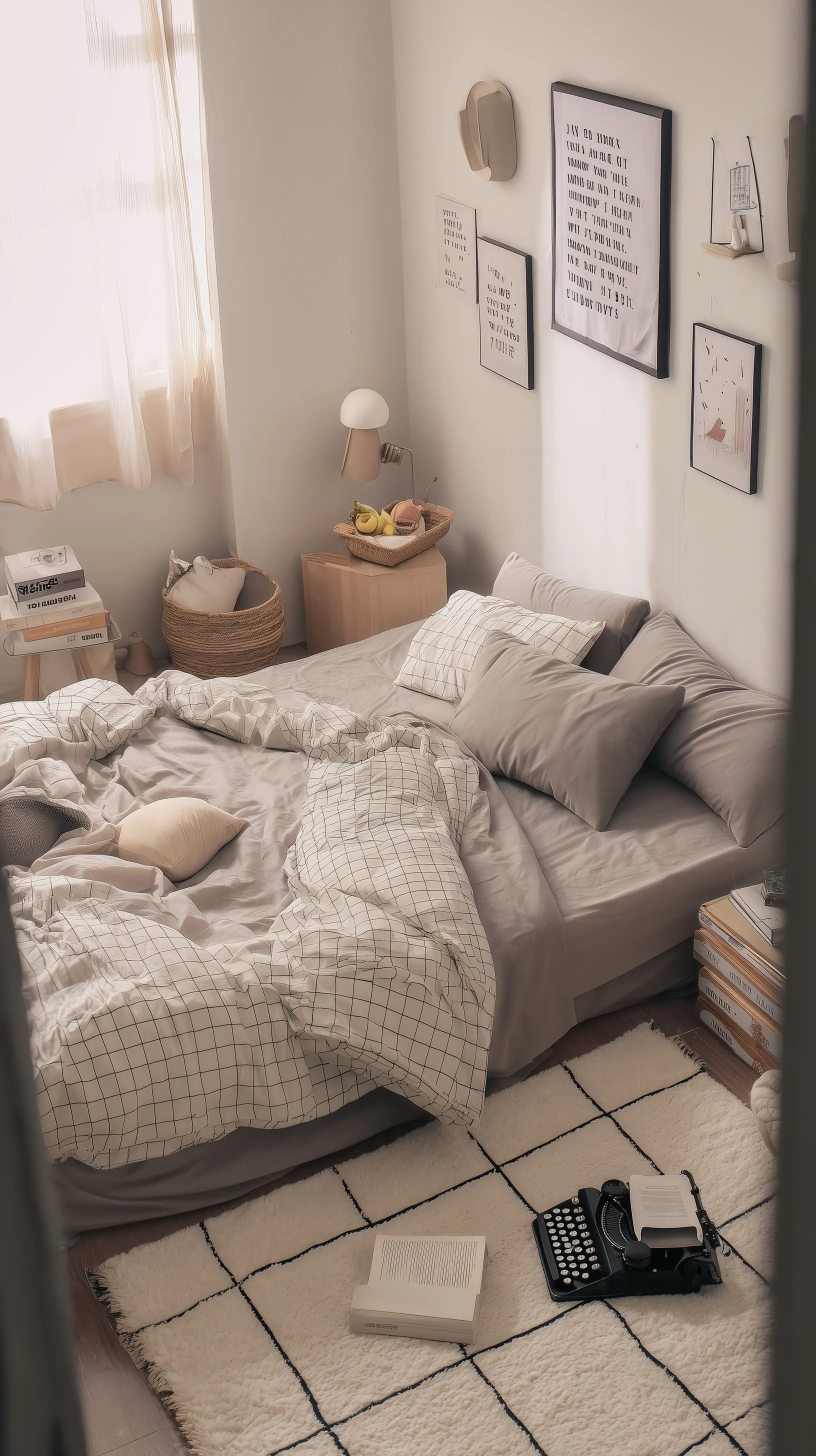 Modern minimalist bedroom with neutral checkered bedding, aesthetic posters, and cozy natural lighting.