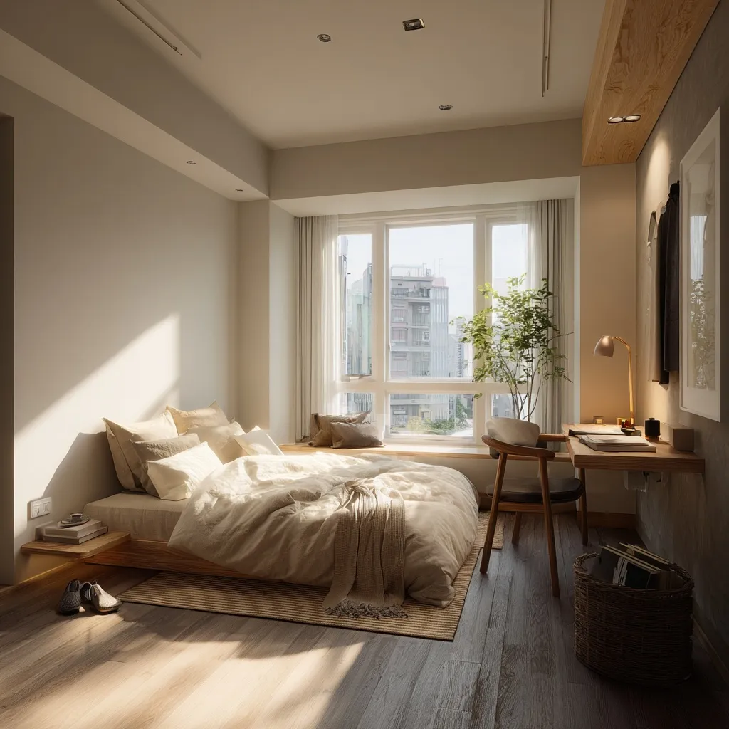 A cozy Japandi-style bedroom with warm neutral tones, wooden furniture, and a window view of a Taiwanese street.