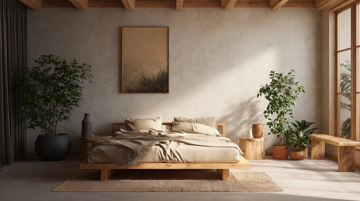 Japandi style bedroom interior with warm minimalist decor and empty wall space.