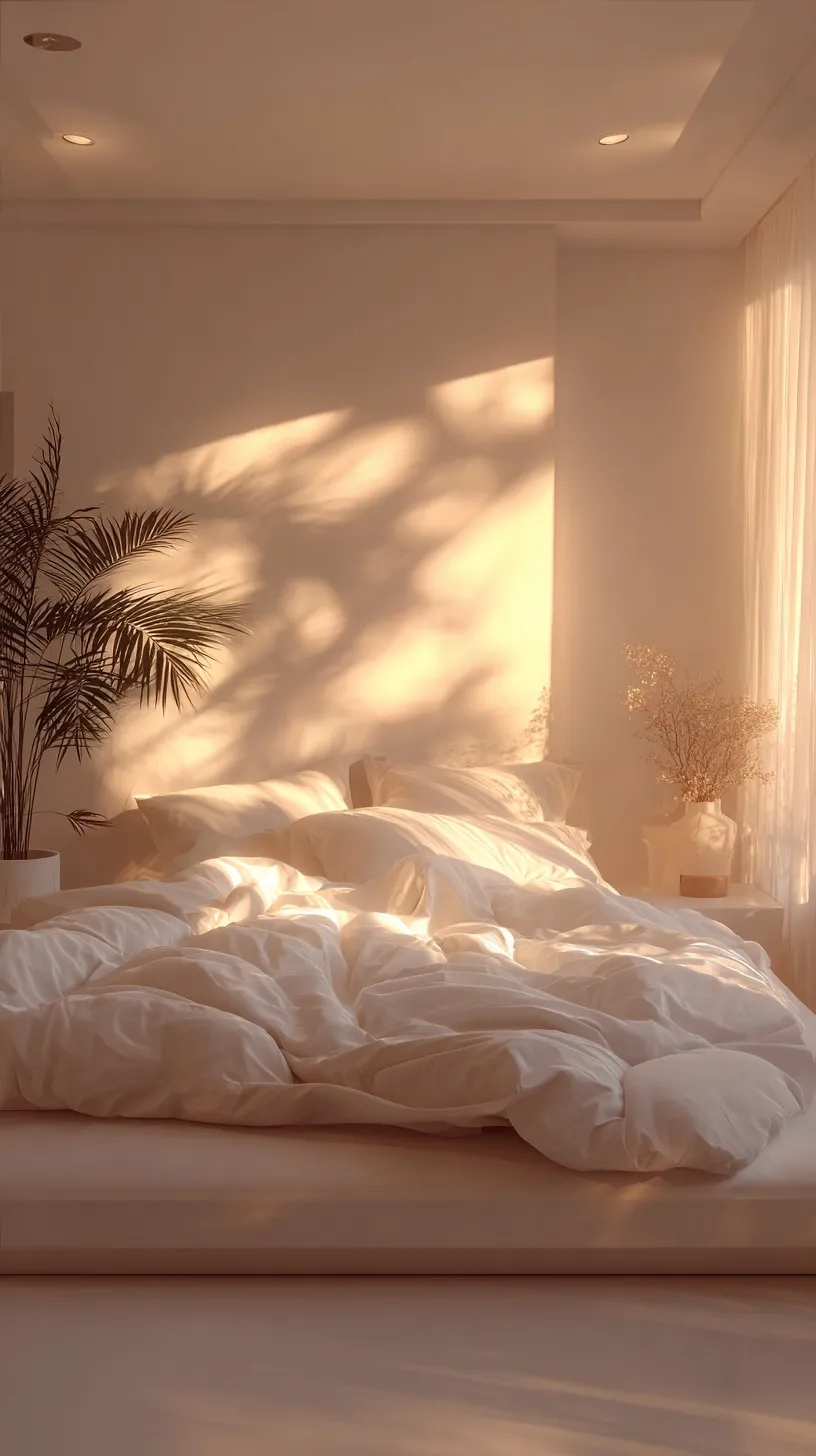 Minimalist white bedroom with plush bedding, soft golden ambient lighting, and subtle plant accents.