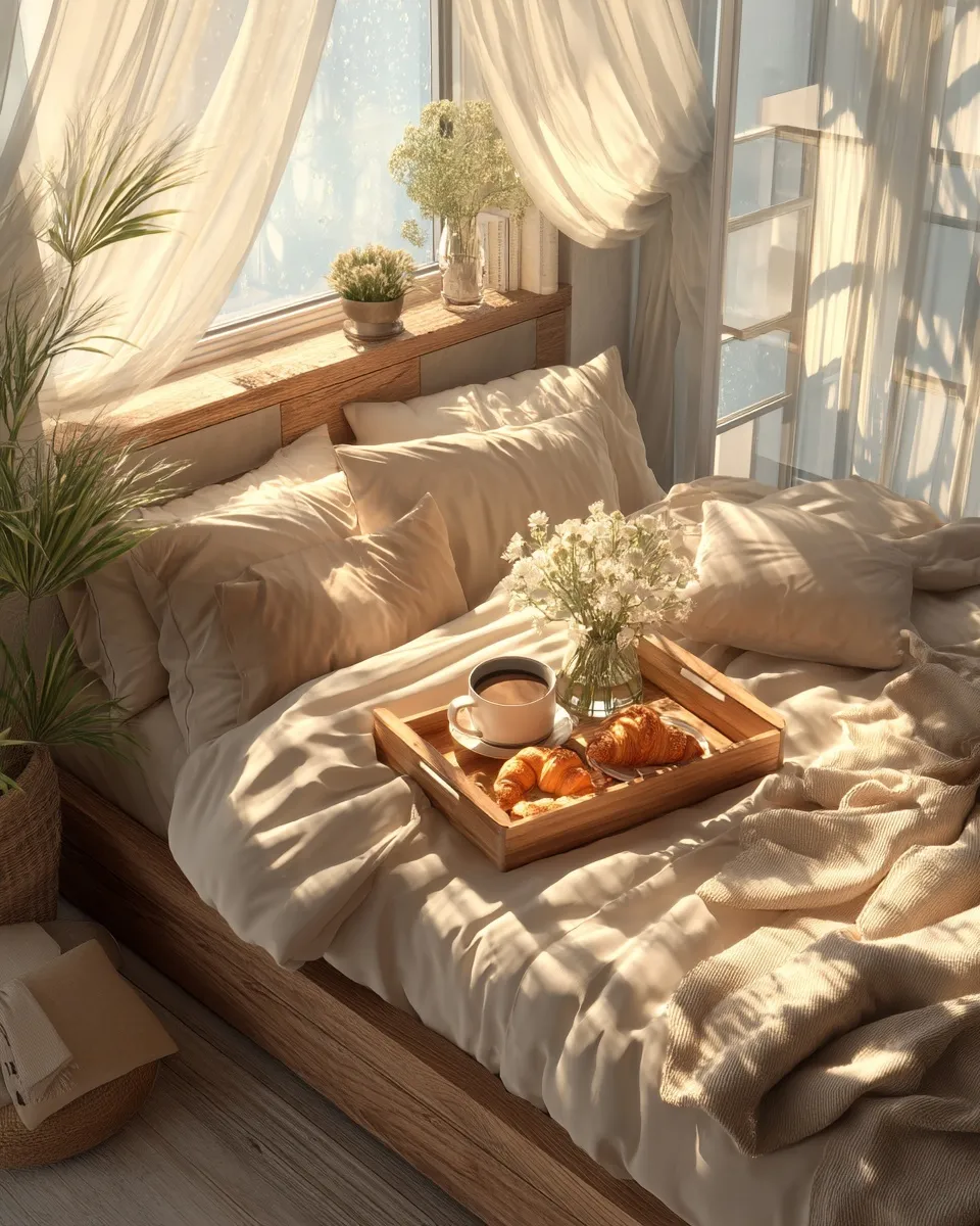 Bird’s-eye view of a warm minimalist bedroom with a coffee tray, croissants, and morning sunlight on a cozy bed.