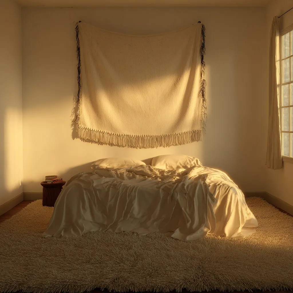A 1970s minimalist bedroom with a white woven blanket wall hanging, silk sheets, and shaggy carpet in off-white.