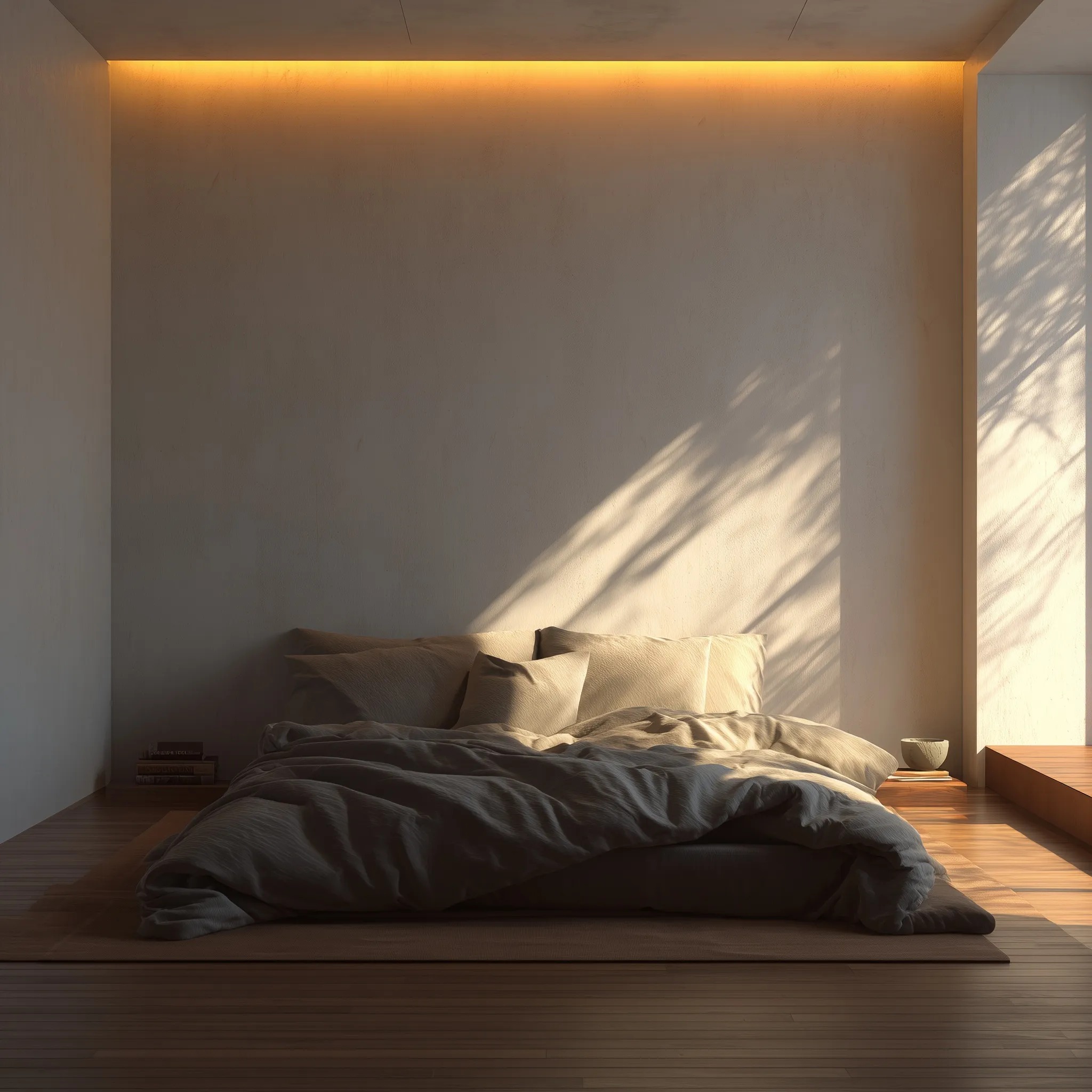 A minimalist bedroom with an empty, unadorned wall and a simple bed in a warm, cozy aesthetic.