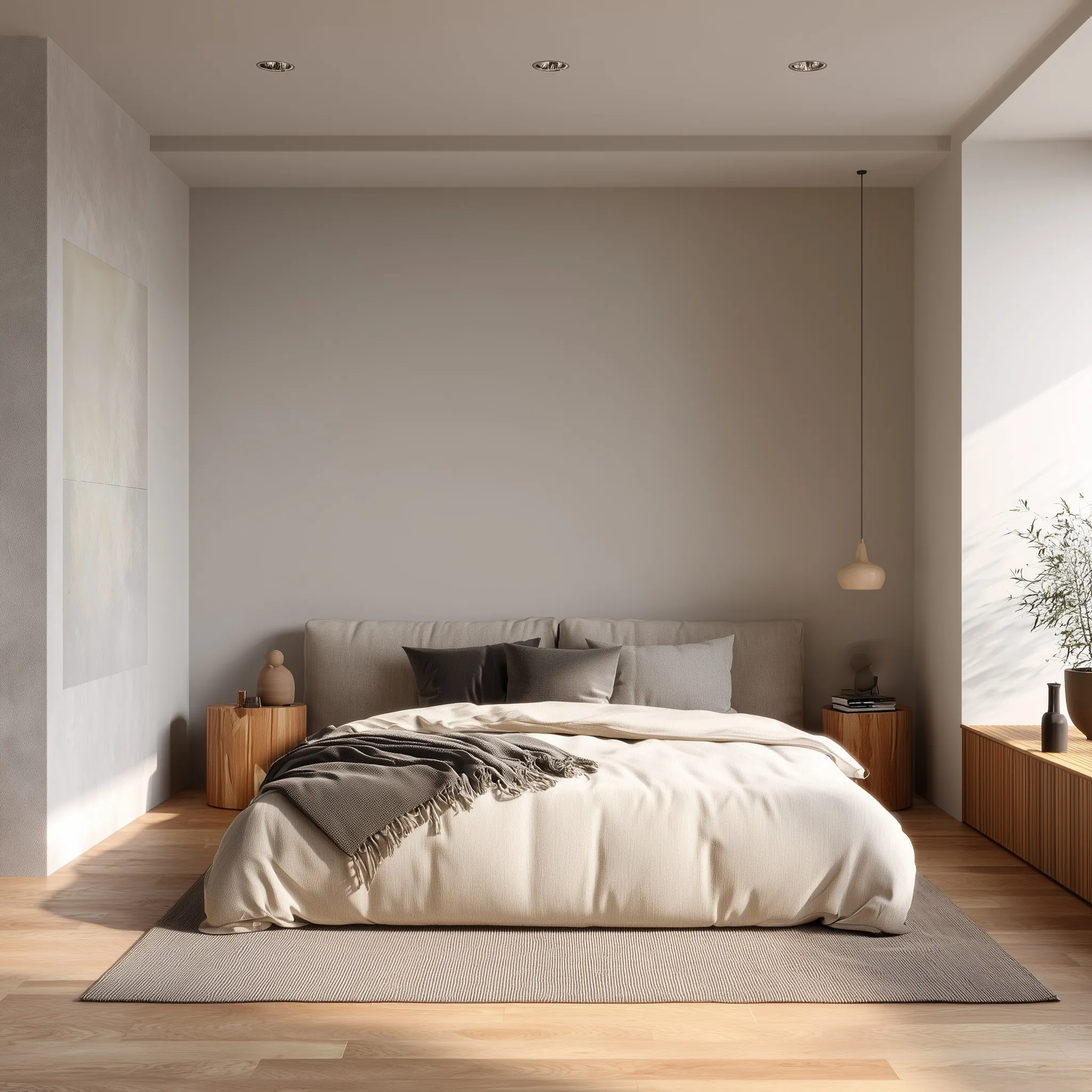 Front view of a minimalist modern bedroom with neutral decor, wood furniture, and soft, cozy mood lighting.