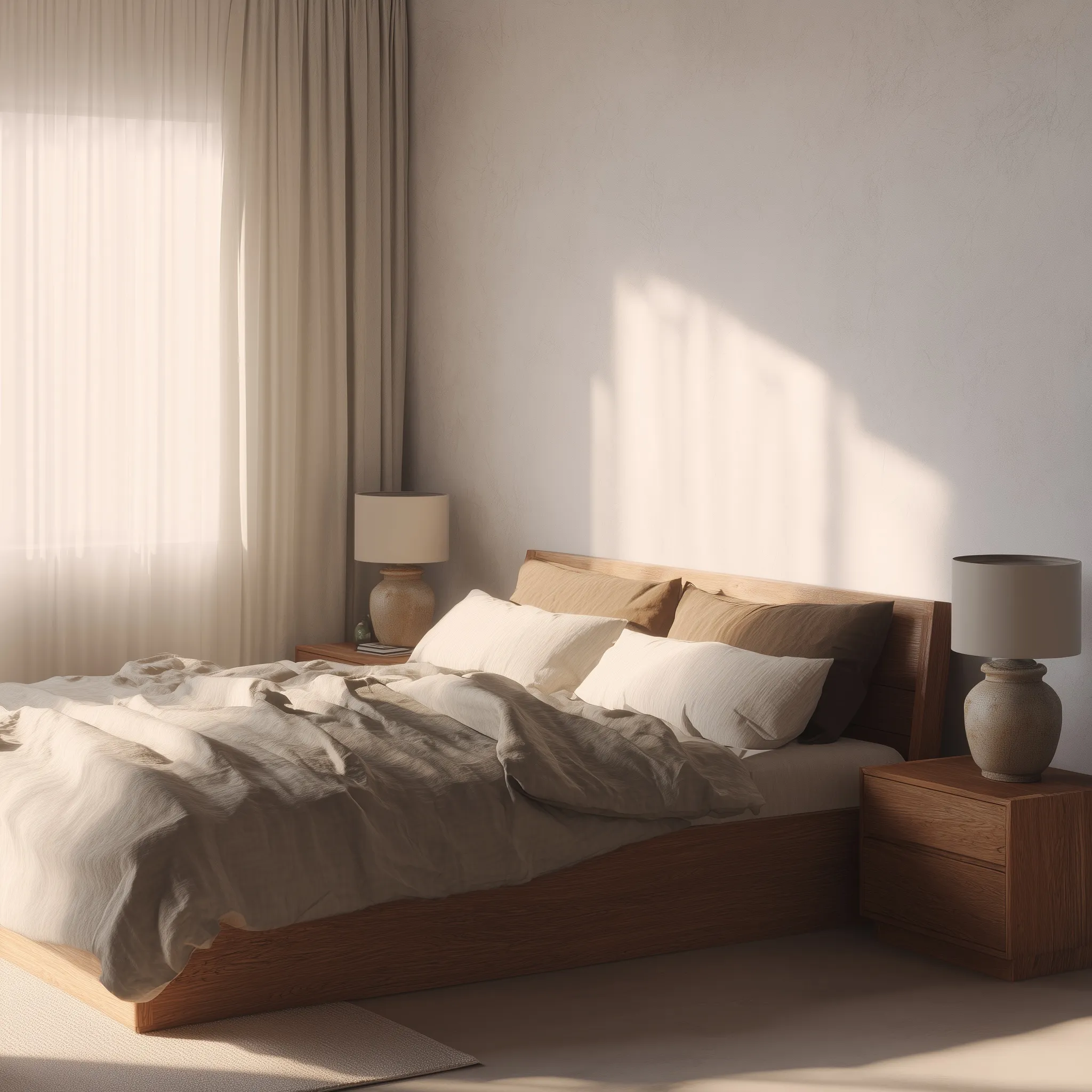 A bright, modern minimalist bedroom with a wooden bed, light linen bedding, and soft morning sunlight.