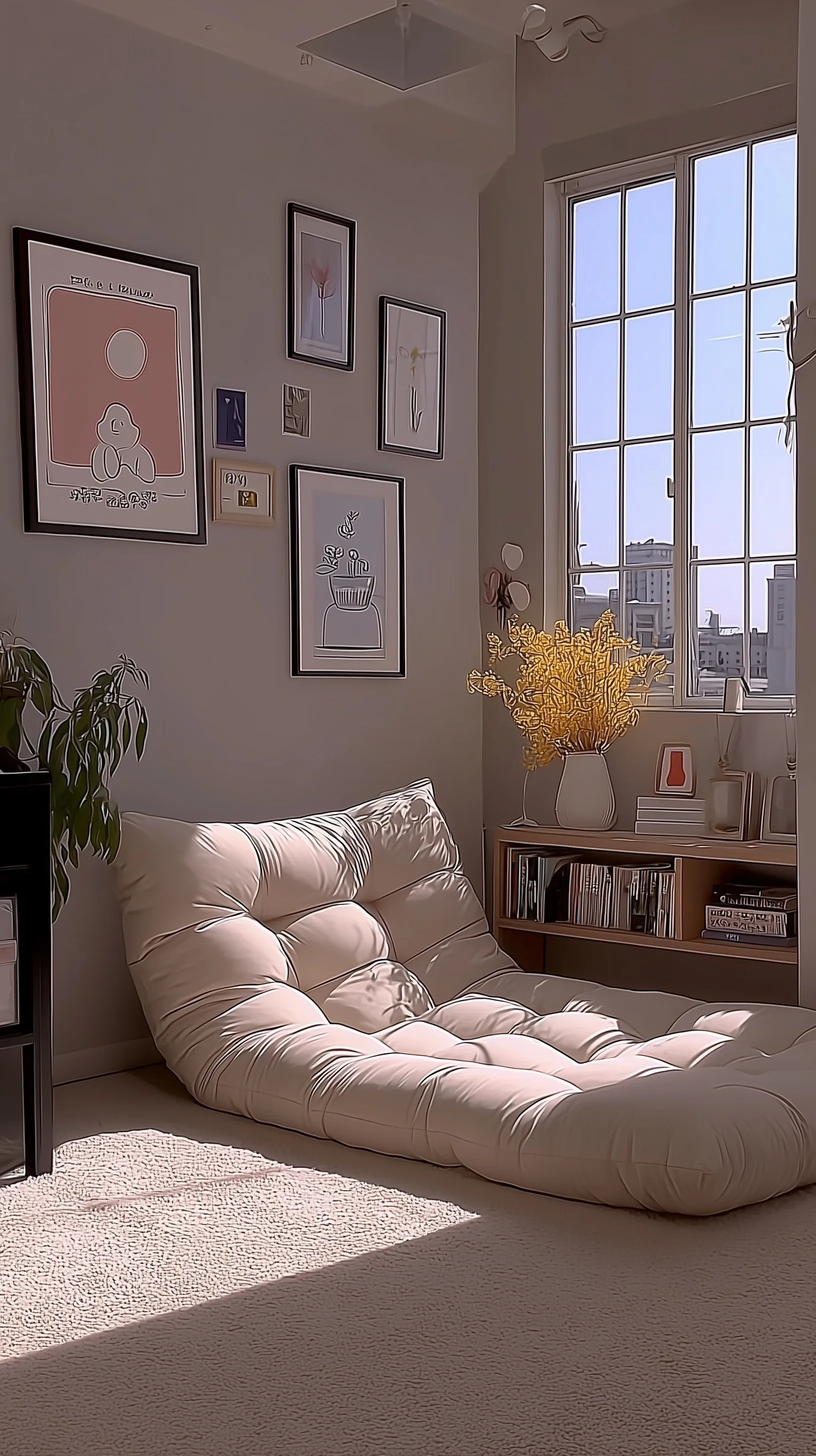 A bright, wide-angle shot of a warm minimalist bedroom with modern boho decor during a sunny New York autumn day.
