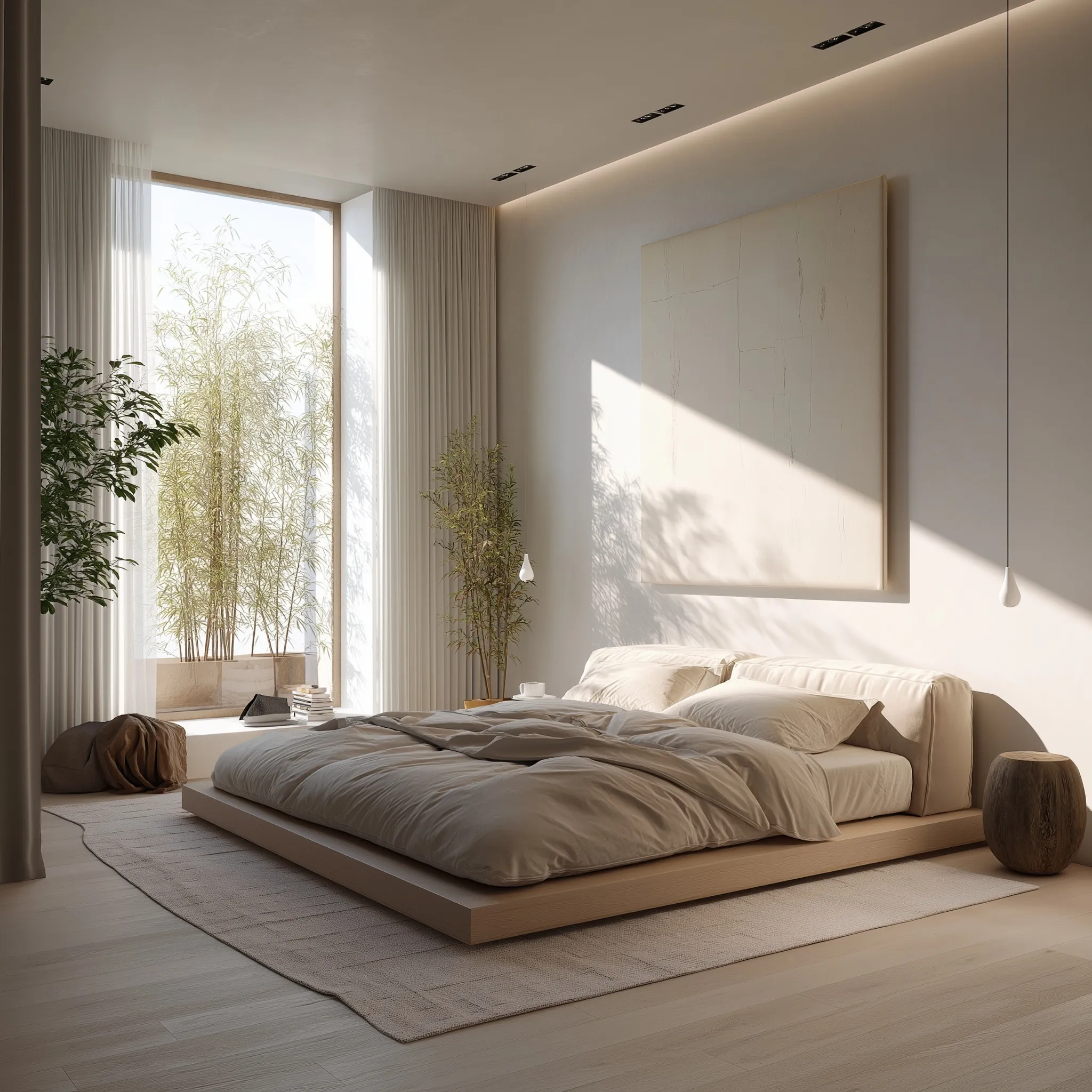 Modern minimalist bedroom interior with a warm aesthetic and light, neutral color palette.
