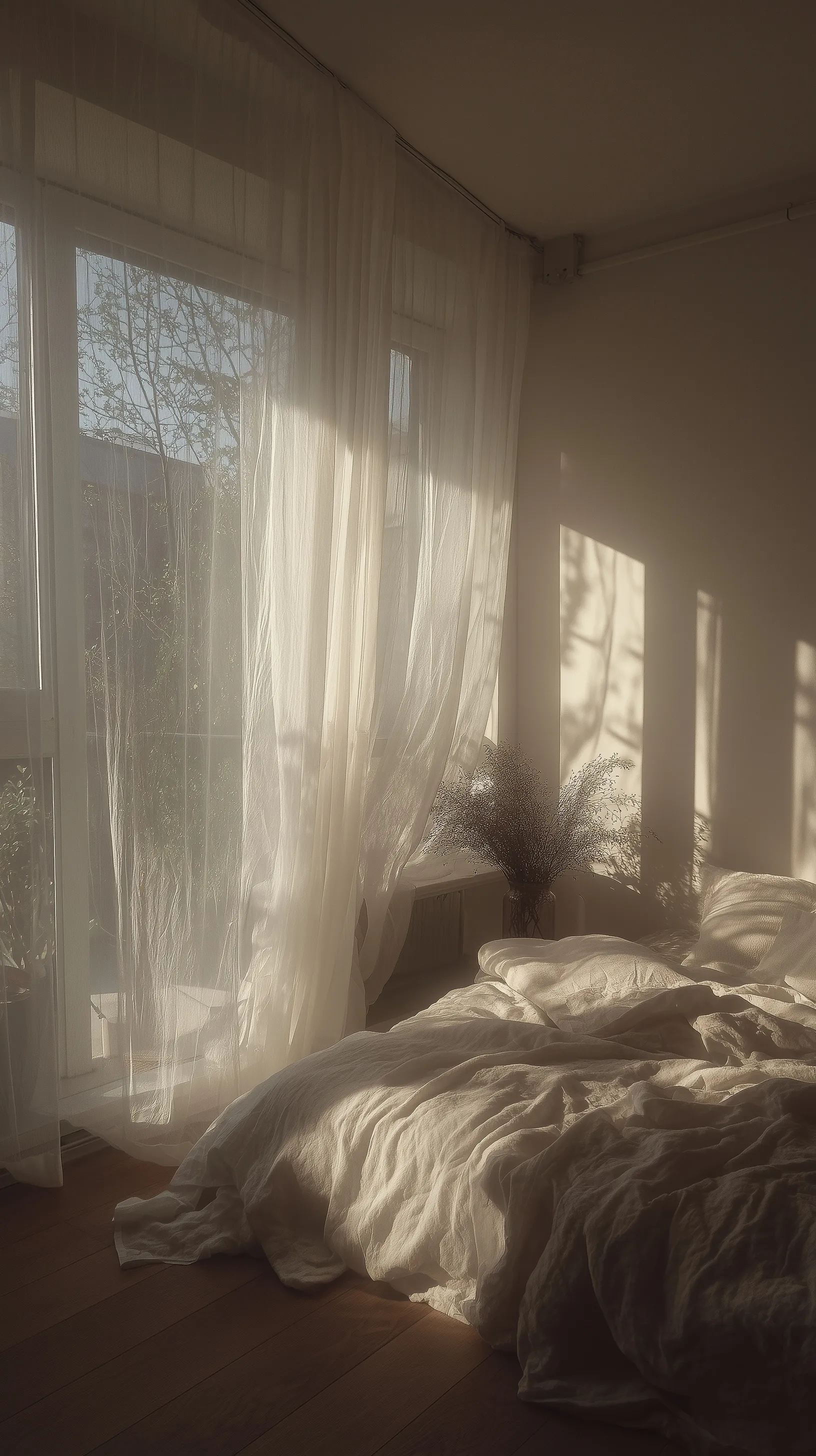 A minimalist bedroom with neutral tones and soft morning light, featuring sheer curtains and a calm, cozy aesthetic.