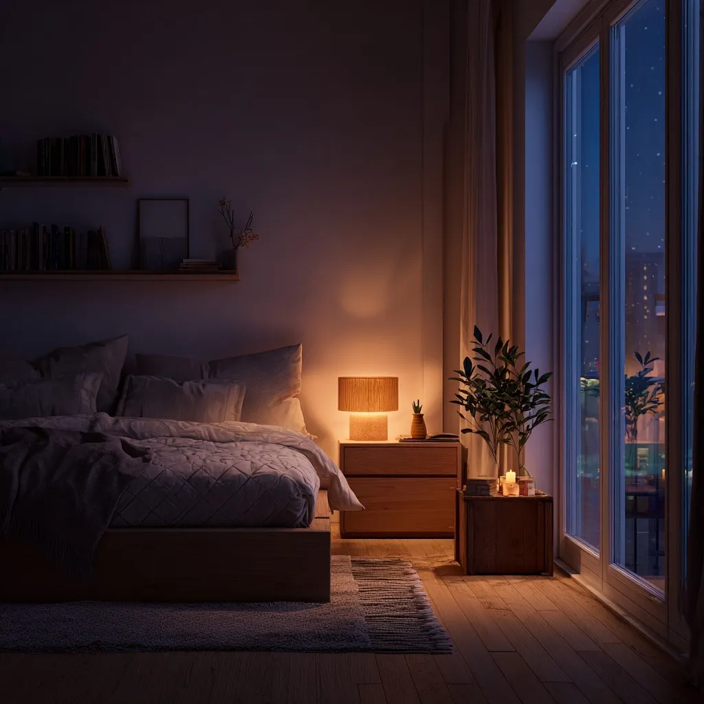 A cozy minimalist bedroom at night featuring warm ambient lighting and a bedside table, photorealistic style.