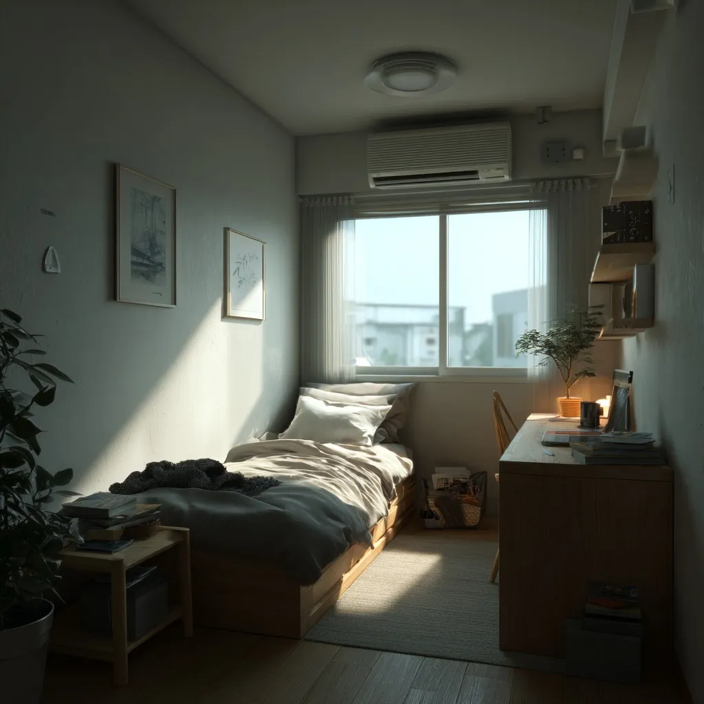 A realistic Korean studio apartment bedroom featuring a single bed and wooden desk in a minimalist aesthetic.