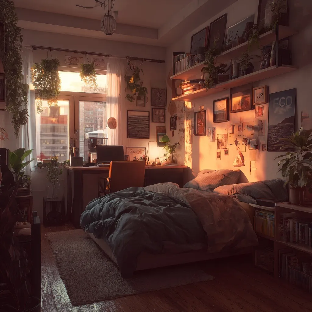 Cozy, warm minimalist bedroom for an 18-year-old featuring modern decor, indoor plants, and soft lighting.