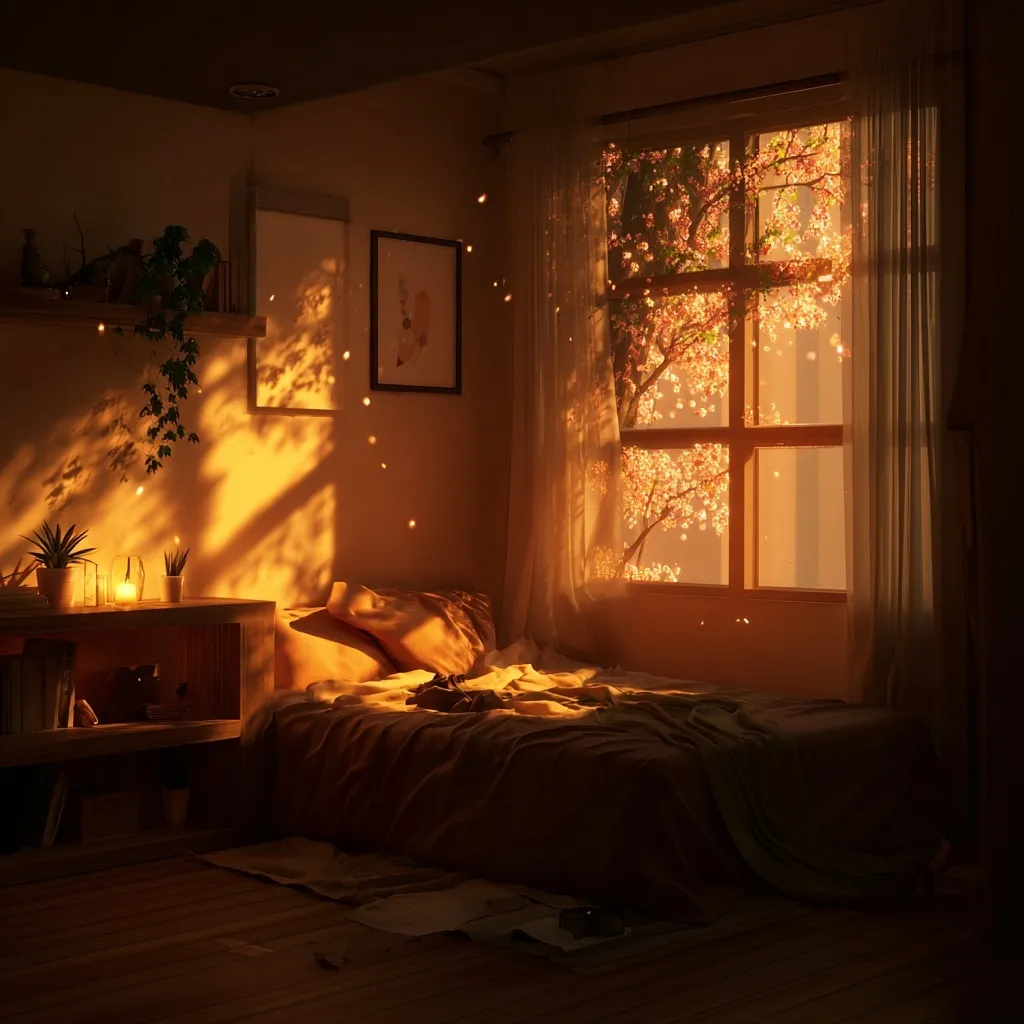 A cozy bedroom with warm lighting and minimalist interior design featuring soft textures and a peaceful atmosphere.
