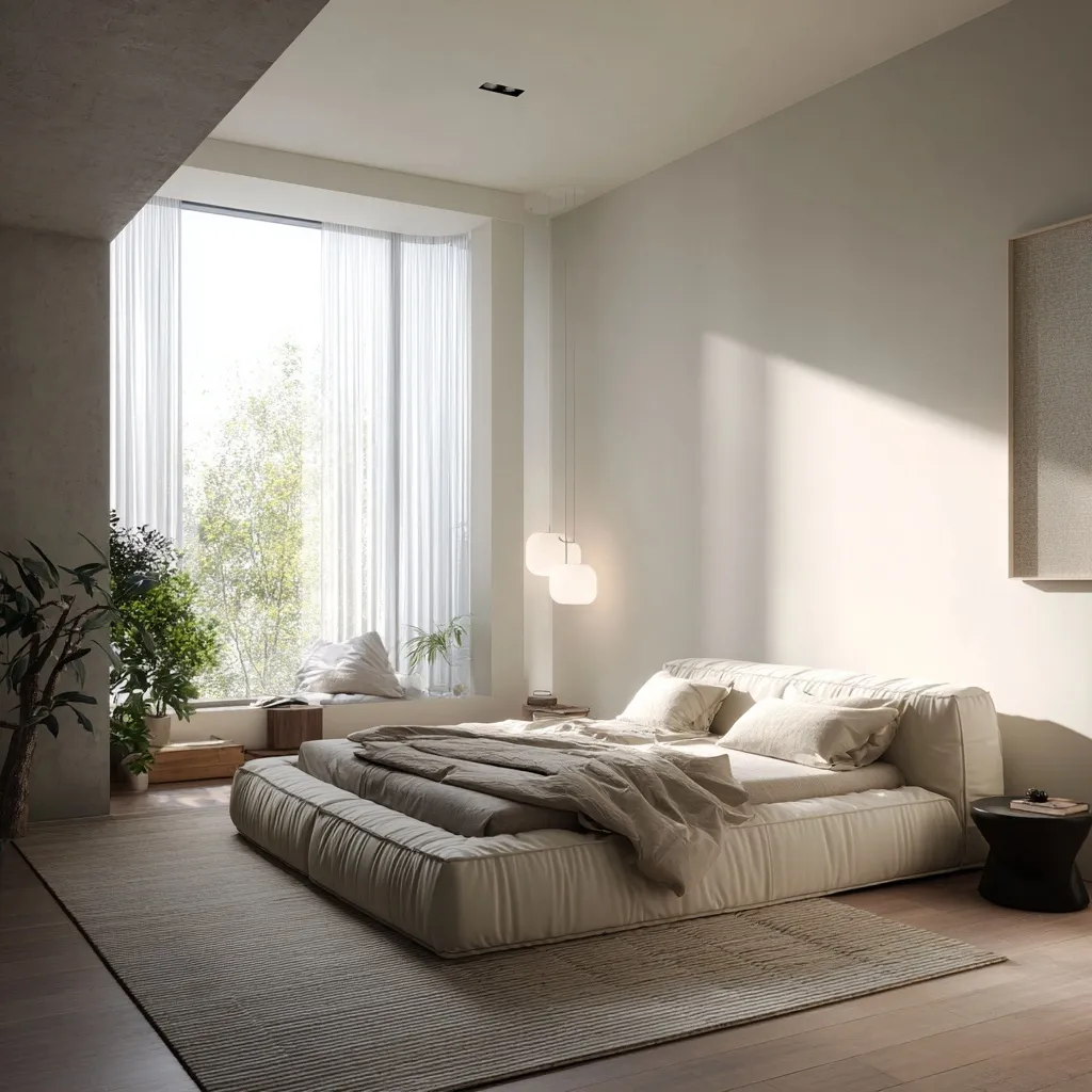 A serene minimalist bedroom interior featuring a cozy bed and a soft, neutral color palette.