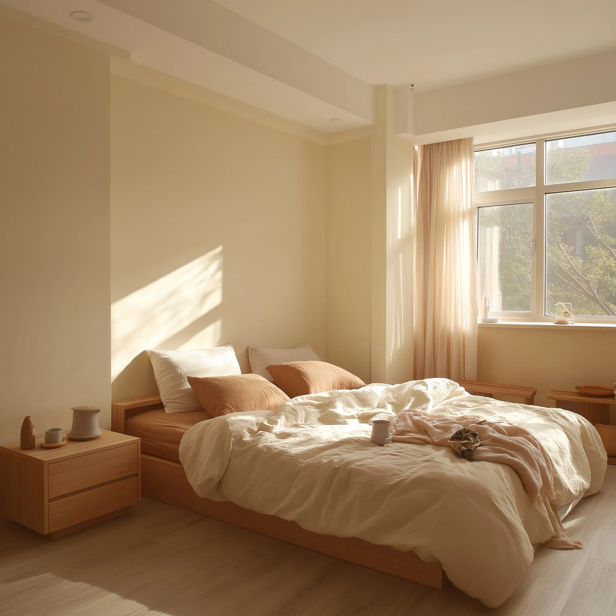 A cozy, minimalist bedroom with soft natural light, neutral decor, wooden furniture, and a serene, lived-in aesthetic.