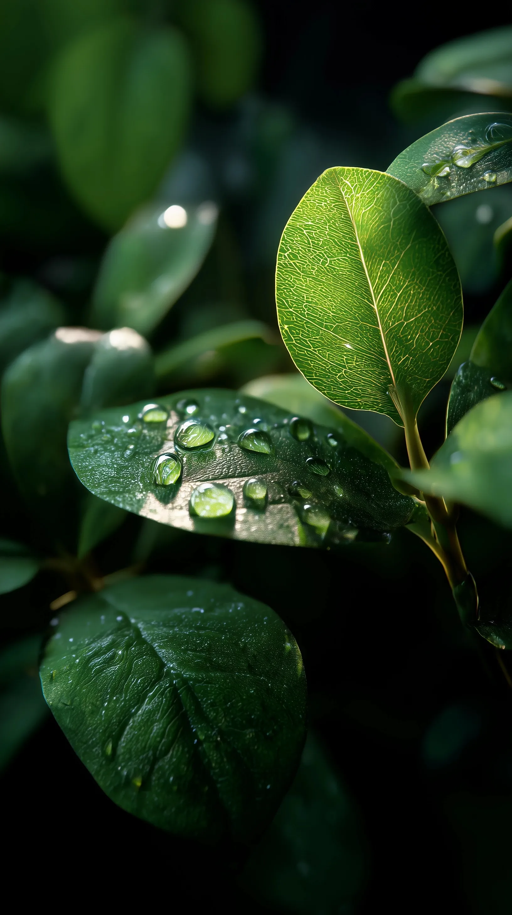 Close-up of a vibrant green leaf with glistening morning dew drops, ultra-detailed macro nature photography.